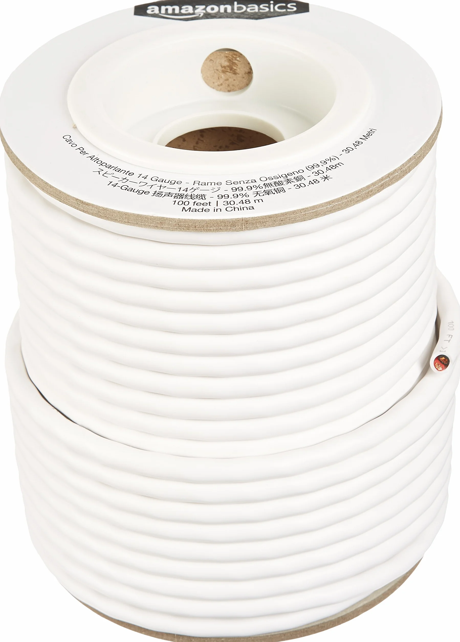 Amazon Basics kabel głośnikowy 14 AWG (1,63 mm), 99,9% miedzi beztlenowej, 30.5 m, biały,