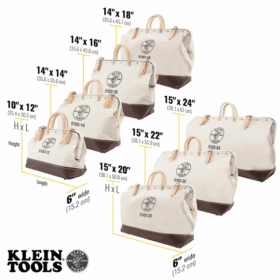 Klein Tools 5102-14 Wytrzymała naturalna płócienna torba na narzędzia, torba na narzędzia, wielofunkcyjna torba z szerokim otworem na zawiasach i skórzanymi uchwytami, 35 cm
