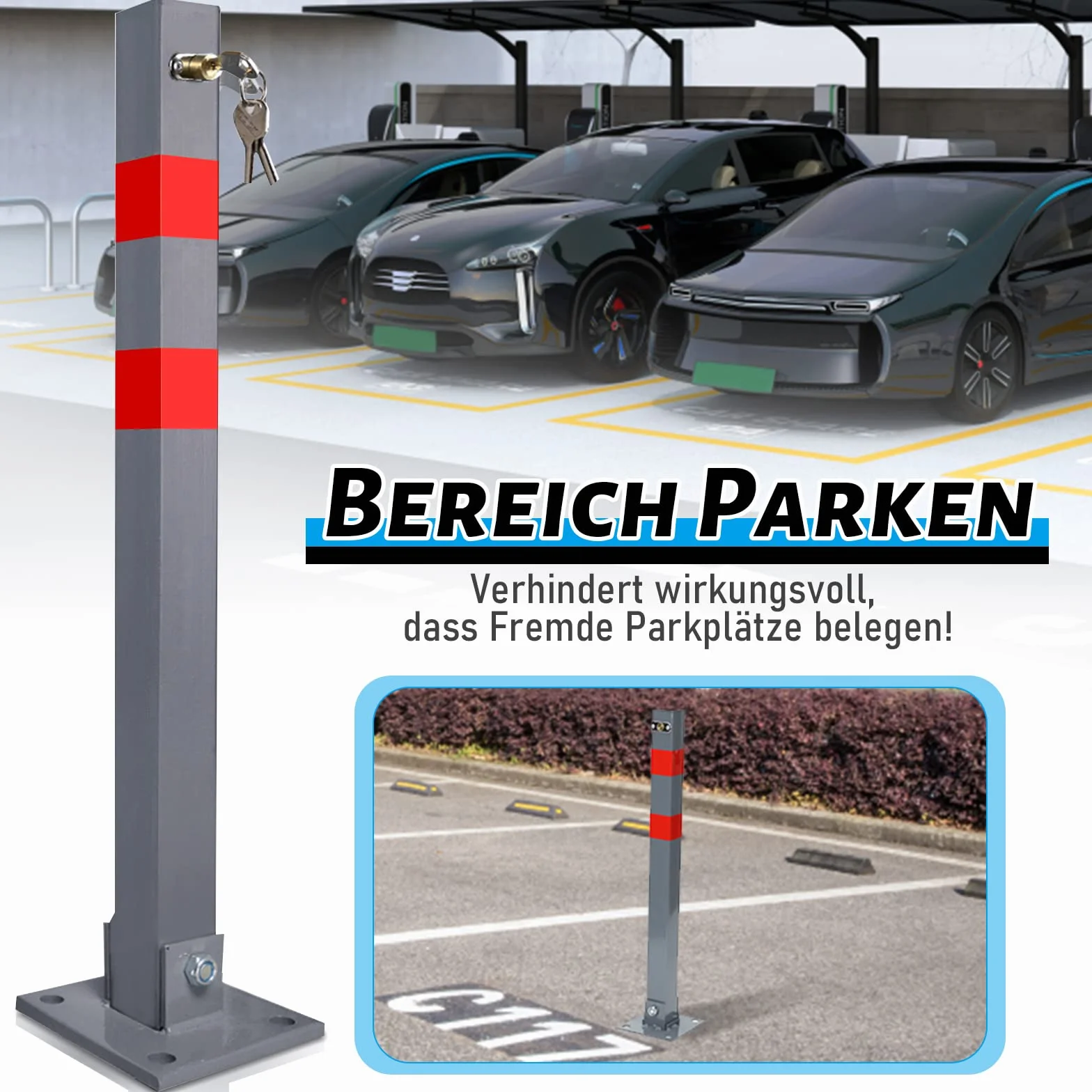 Ikodm 1 sztuka blokada parkingowa składane słupki odgradzające z 3 kluczami z paskami ostrzegawczymi