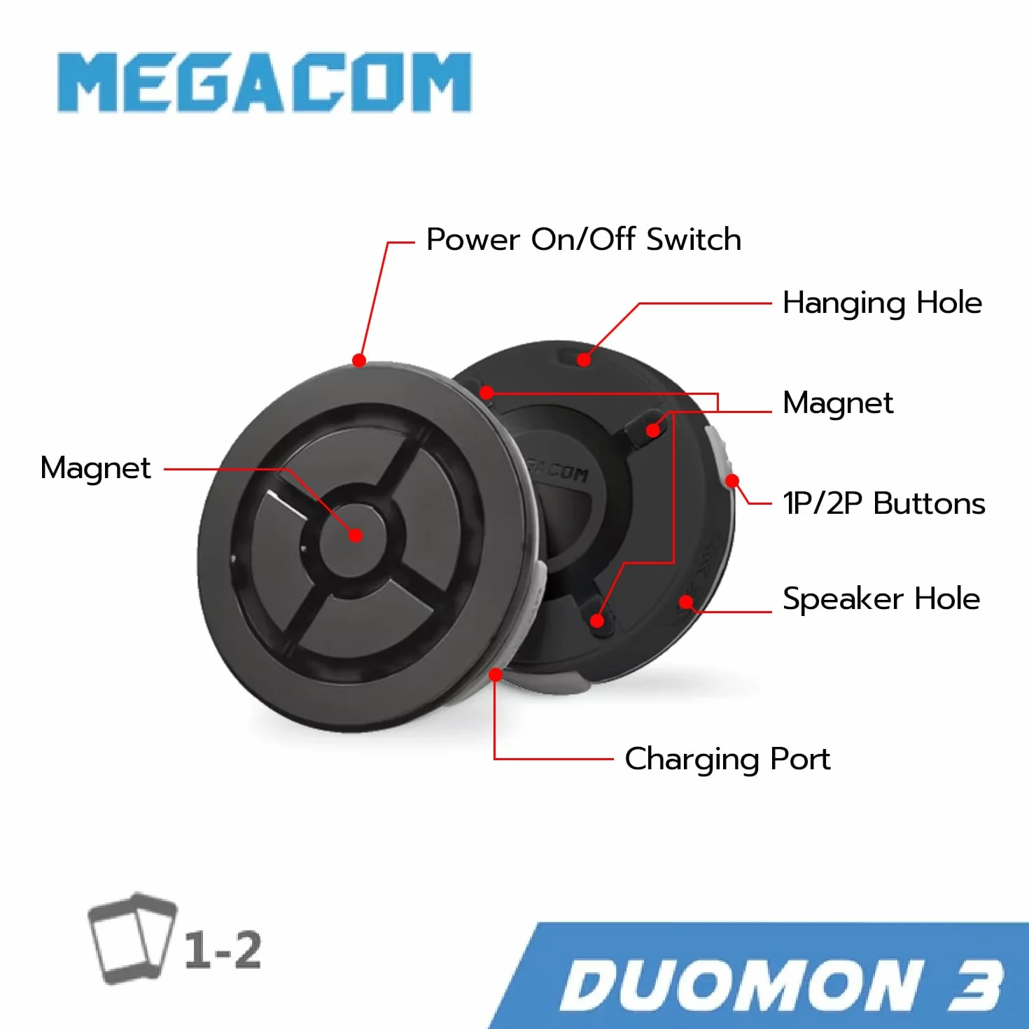 MEGACOM DuoMon 3 Standard Auto Catch Spin Device Wireless Bluetooth 20m Vibration Notifications Dual Charging Player iOS 14+ Android 8+