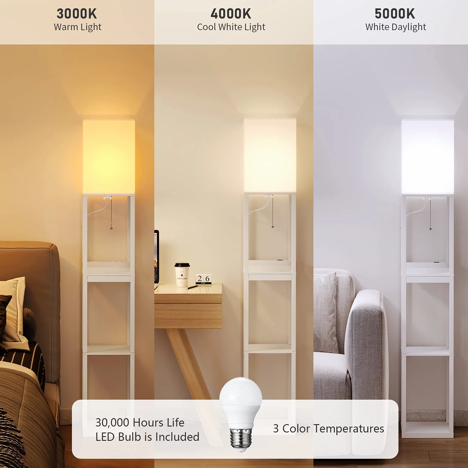 SUNMORY Lampa Podłogowa Z Półką Z Litego Drewna, 3 Temperatury Barwowe, 2 Porty USB Do Ładowania I 1 Szuflada, Biała (Z Żarówką)