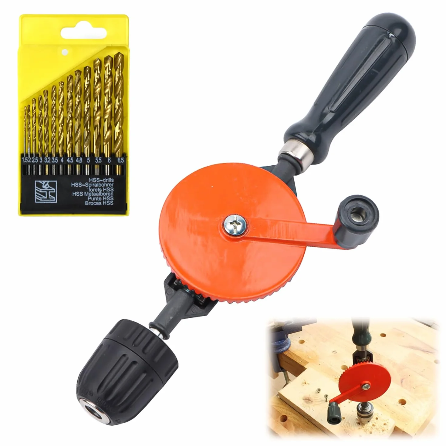 Zestaw wierteł ręcznych, 3/8 cala (1,5 – 10 mm) ręczna wiertarka, uchwyt wiertarski ze staliwa z podwójnym kołem zębatym, ręczna wiertarka manualna, z 13 wiertłami stalowymi, do drewna, wykrawania