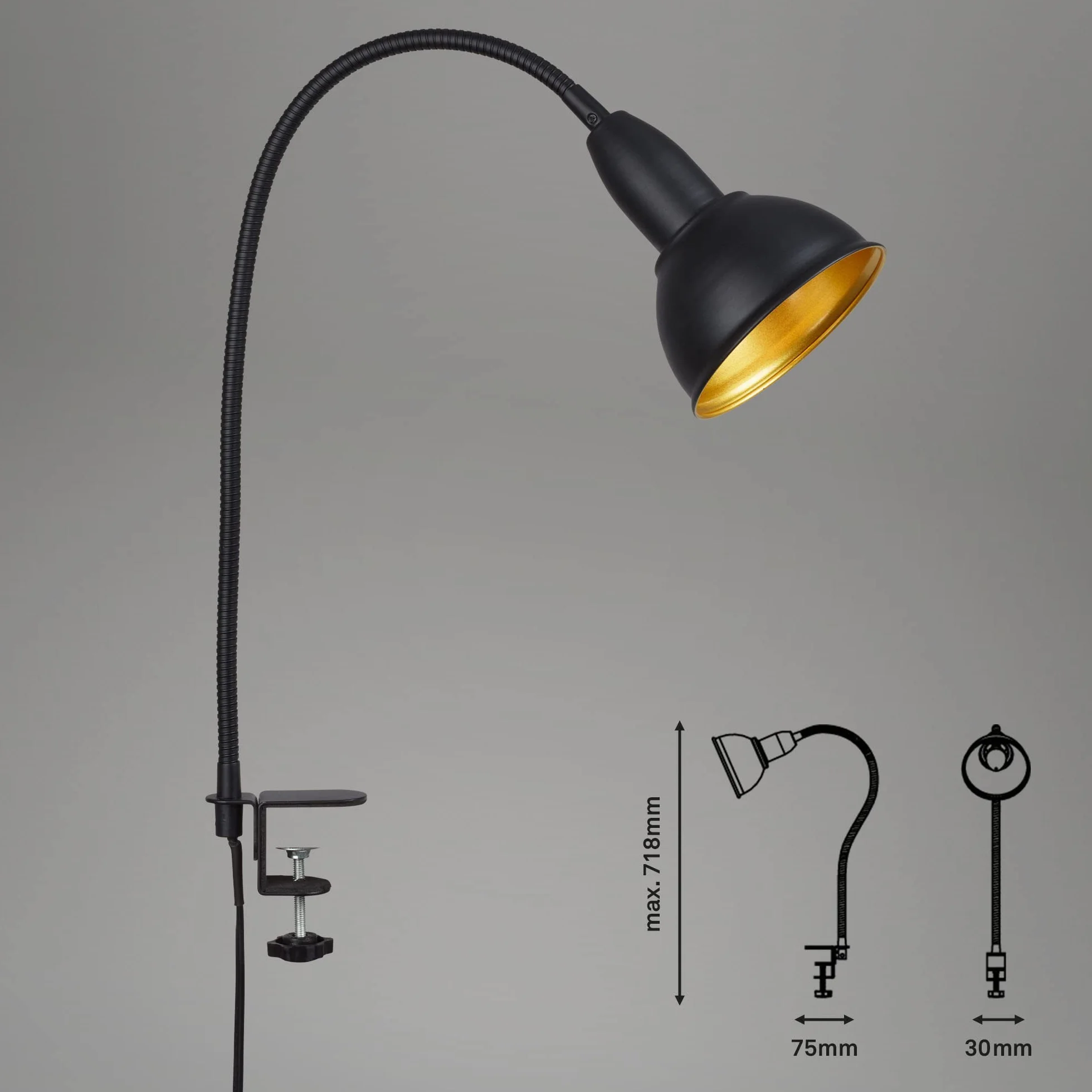 BRILONER Lampy – retro lampa zaciskowa, lampka do czytania w zestawie z elastycznym ramieniem, włącznik, 1 x E14, maks. 25 W, metal, czarno-złoty, 2603-015
