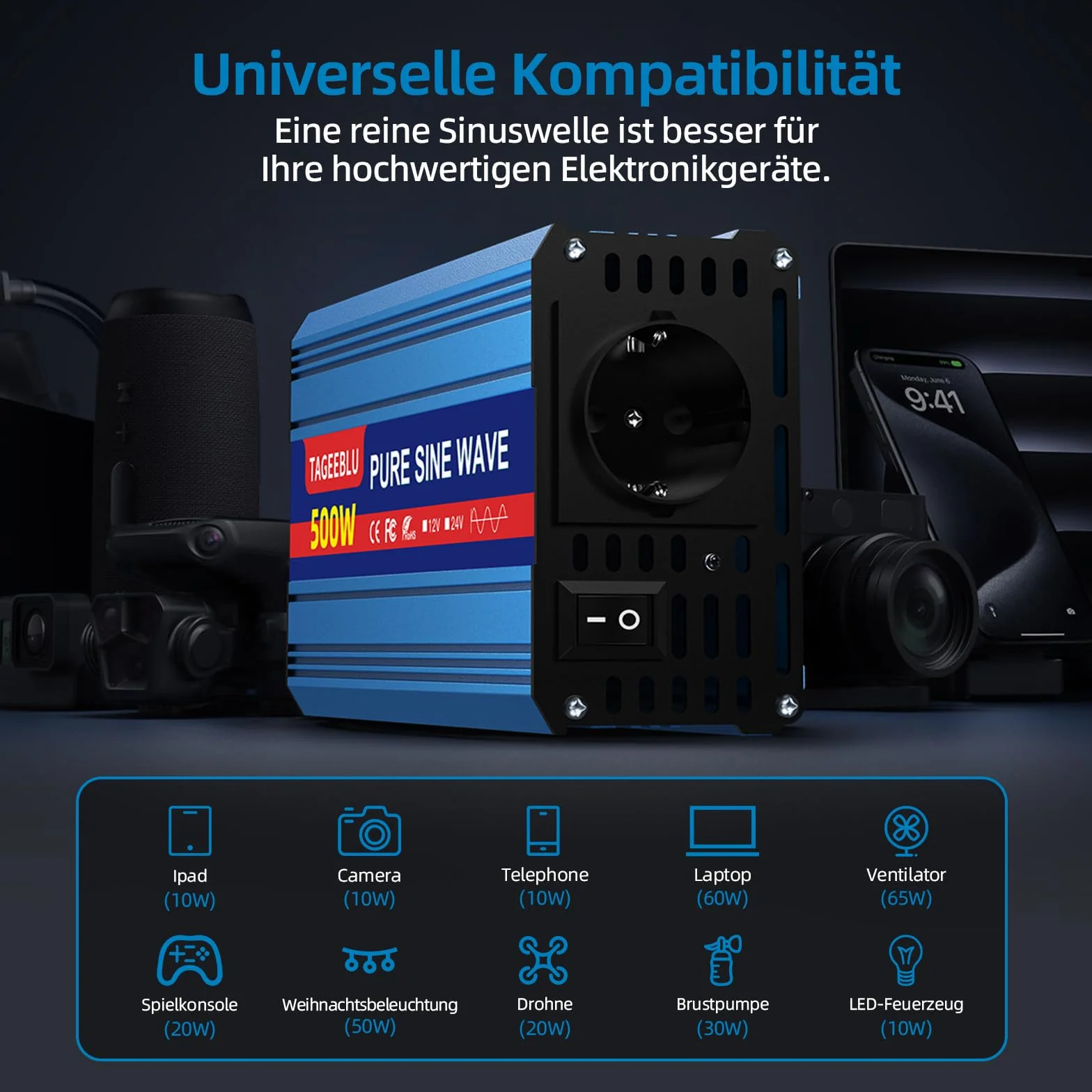 Falownik 500 W, 12 V na 230 V, czysty sinus, przetwornica napięcia 12 V 230 V, falownik do pojazdów z klipsem aligatorowym, gniazdkiem AC i ekranem LCD