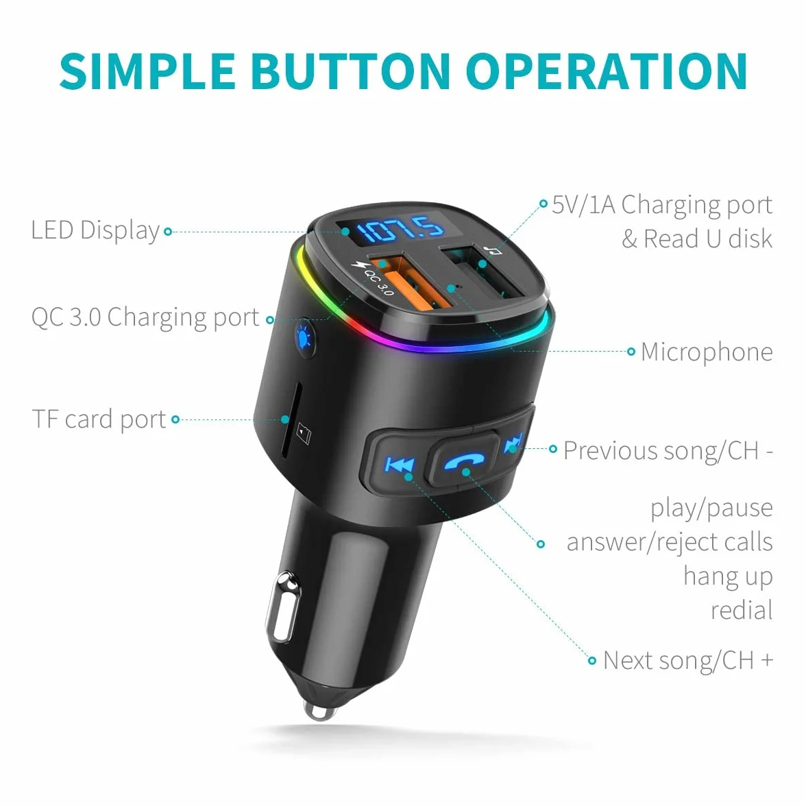 ORIA nadajnik FM Bluetooth samochodowy z QC 3.0 USB, obsługa USB/TF, czarny