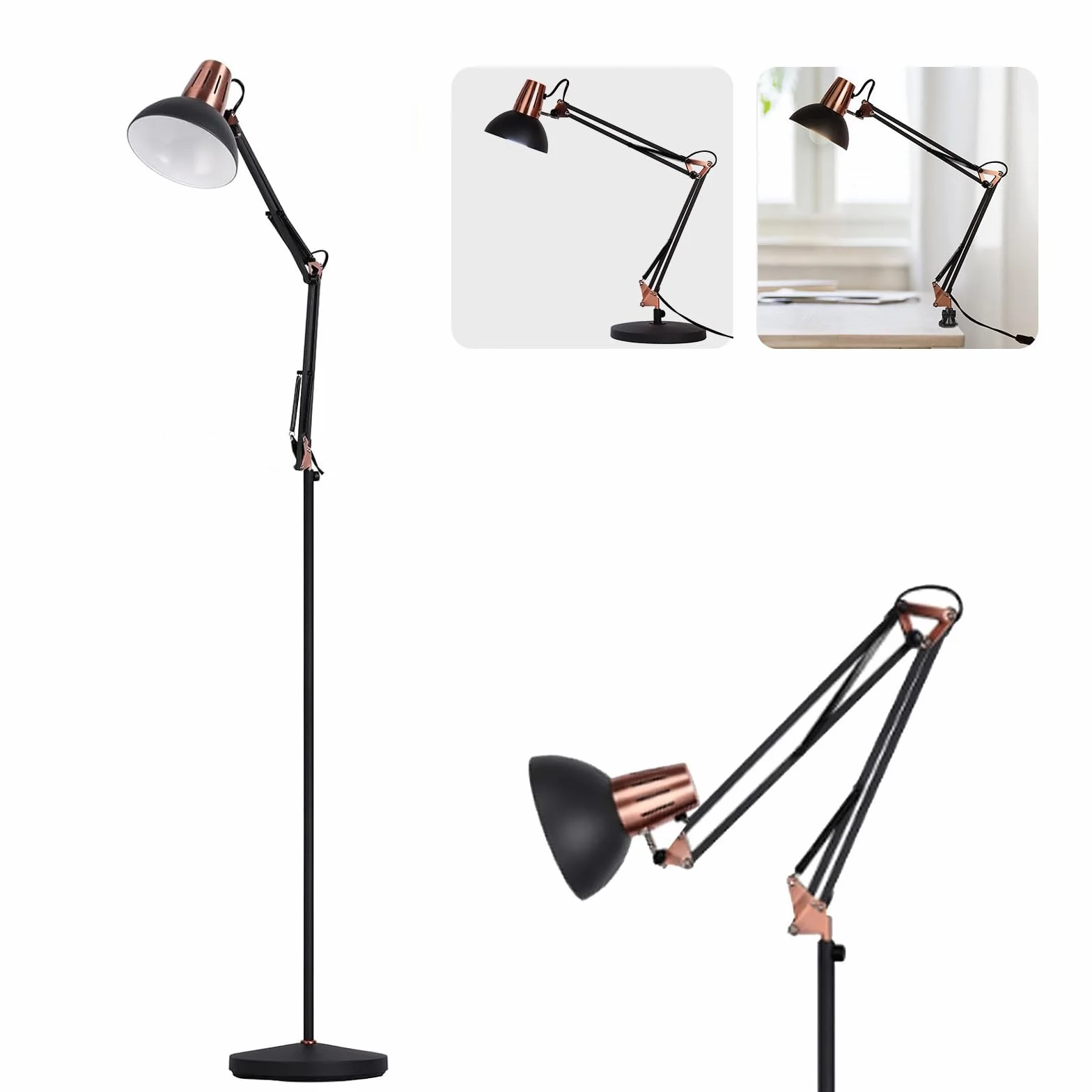FIRVRE Lampa stojąca LED, retro, metalowa, wychylna lampa stojąca, 3 tryby użytkowania – lampa stojąca, lampa biurkowa z klipsem, E27, lampa do czytania architektów, z przełącznikiem ciśnieniowym, do