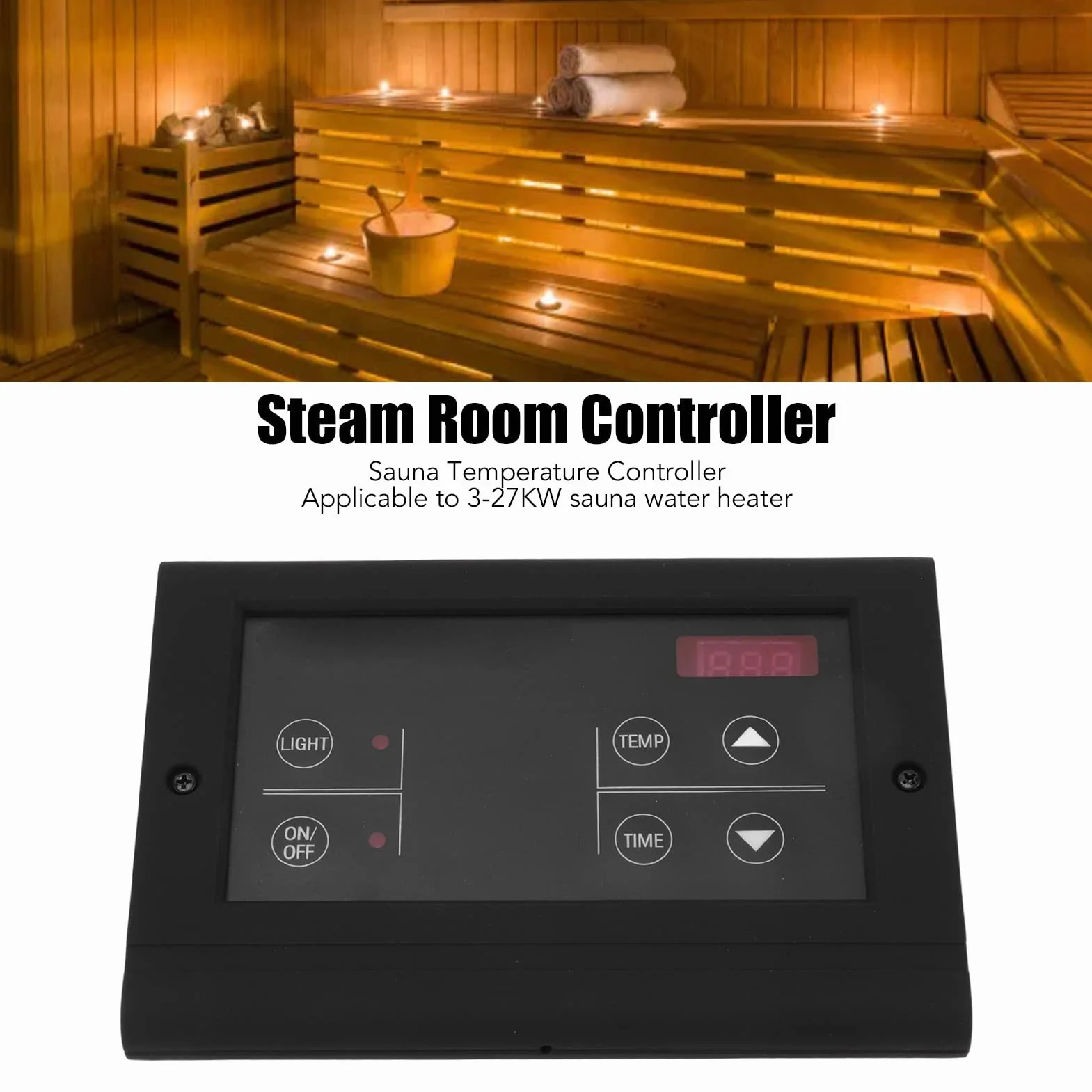 Cyfrowy Kontroler Sauny, Obudowa ABS 35-110 ℃ Wielofunkcyjny Sterownik Generatora Pary Sterowanie Oświetleniem dla Pieca do Sauny 3-27KW (Czarny)