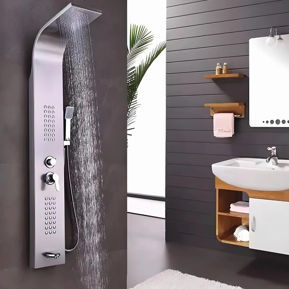 ZOLTA Panel Prysznicowy z Hydromasażem Srebrny – Niklowany Zestaw Prysznicowy z Baterią, Deszczownicą i Kranem, Nowoczesny Panel Natryskowy do Łazienki SPA