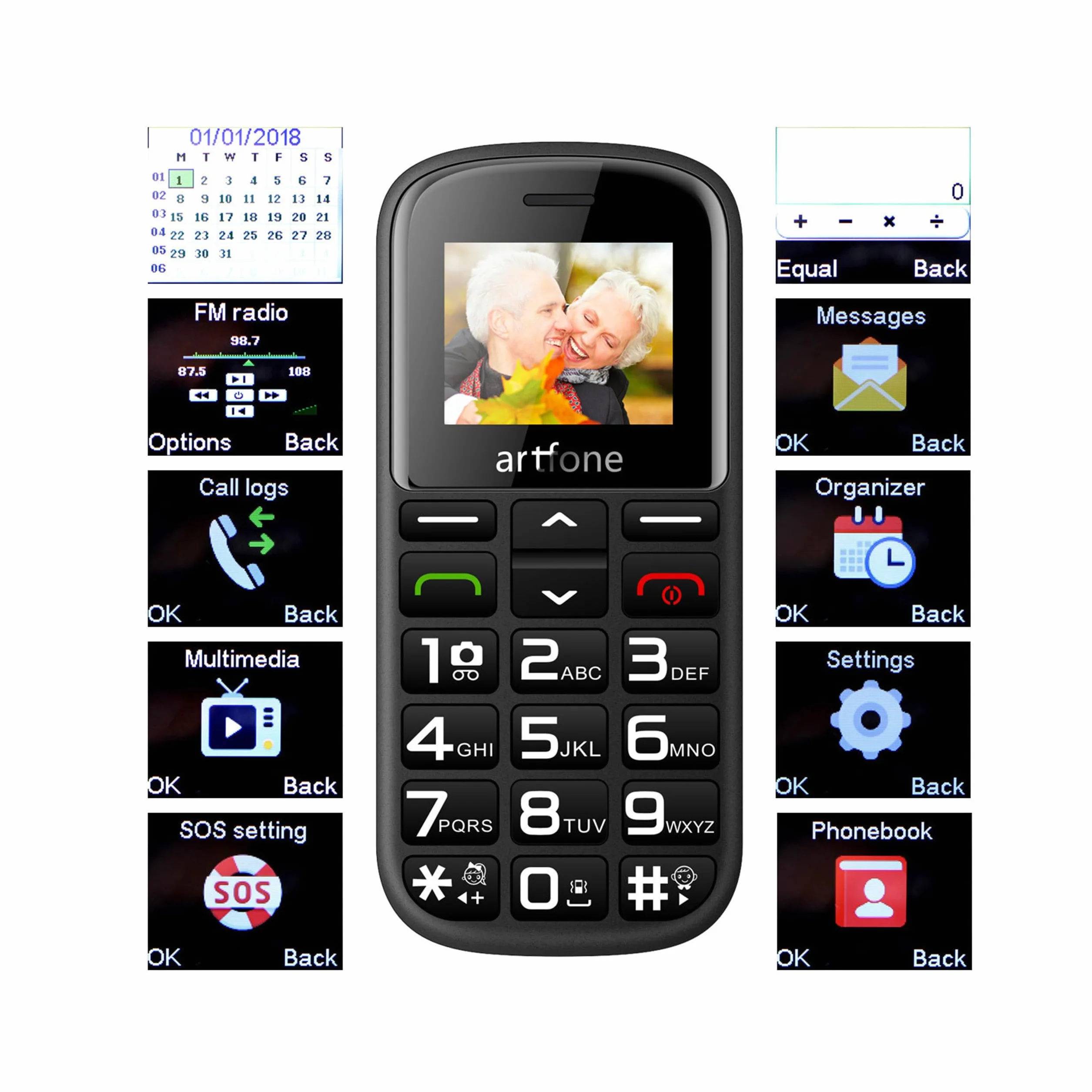Retoo Telefon komórkowy dla seniorów z dużymi przyciskami SOS, aparat 0,08 MP, akumulator 1400 mAh