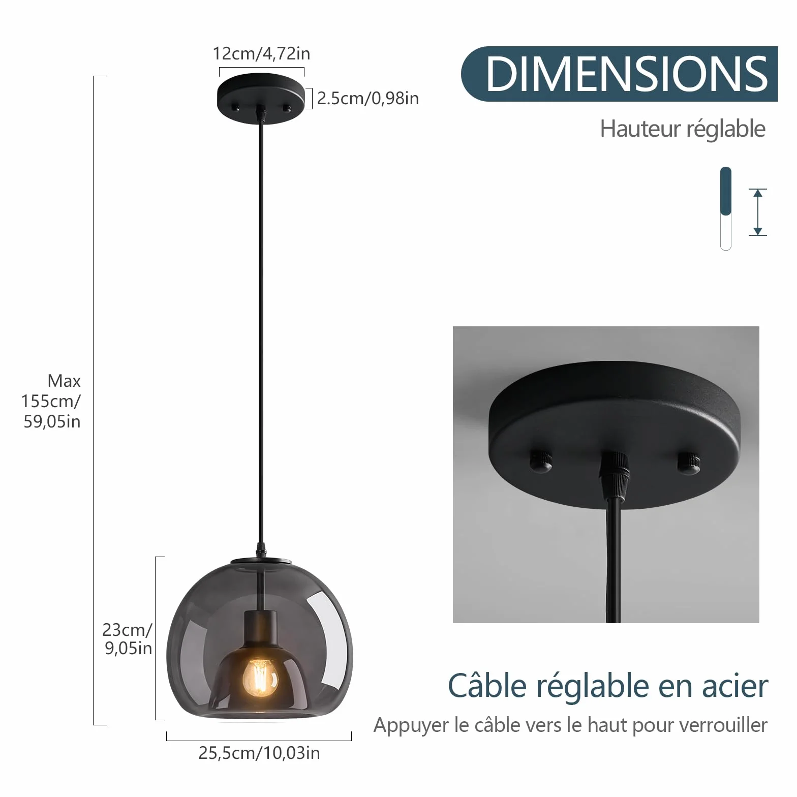 Globe Rauch szare szklane lampy wiszące, wyspa kuchenna, nowoczesna lampa wisząca, 1-żarówkowa, E27, retro, lampa wisząca do sypialni, na wyspę kuchenną, jadalnię