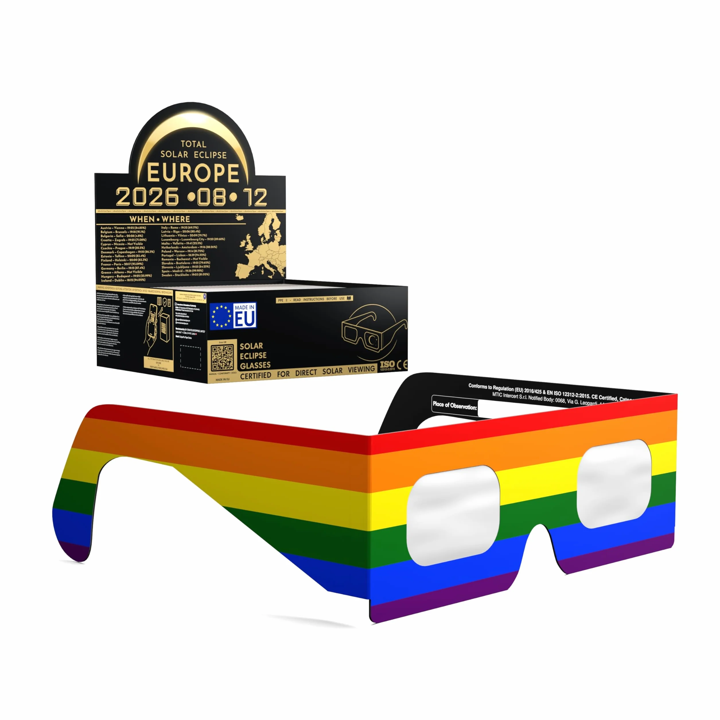 Absolute Eclipse Tęczowe okulary do zaćmienia słońca hurtowo - testowane przez ISO 12312-2 i certyfikat CE - zalecany przez AAS producent UE - 2026 Eclipse Europe