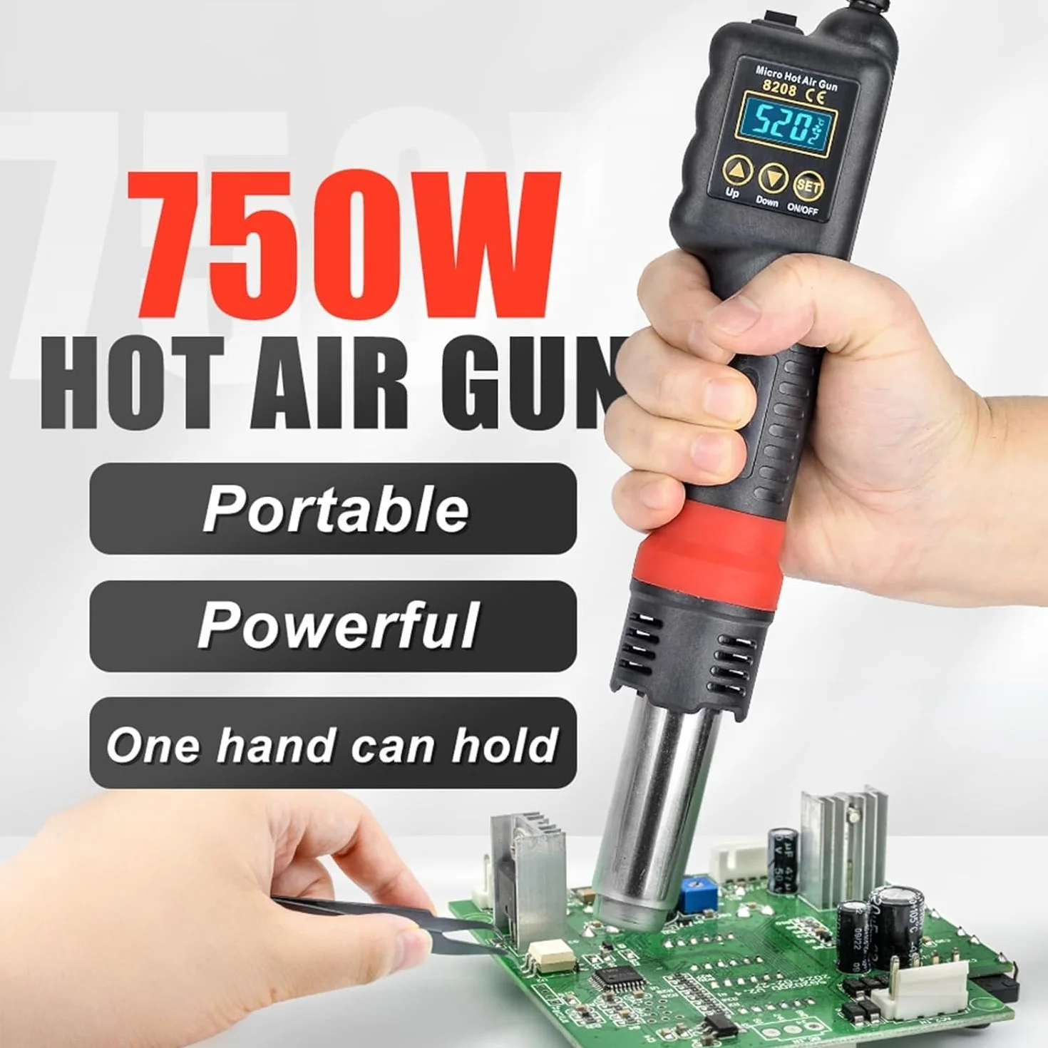 Stacja lutownicza na gorące powietrze 750 W z wyświetlaczem LCD, regulowana temperatura 100℃ - 520℃, objętość powietrza 120 l/min, narzędzie do lutowania i rozlutowywania do elektroniki
