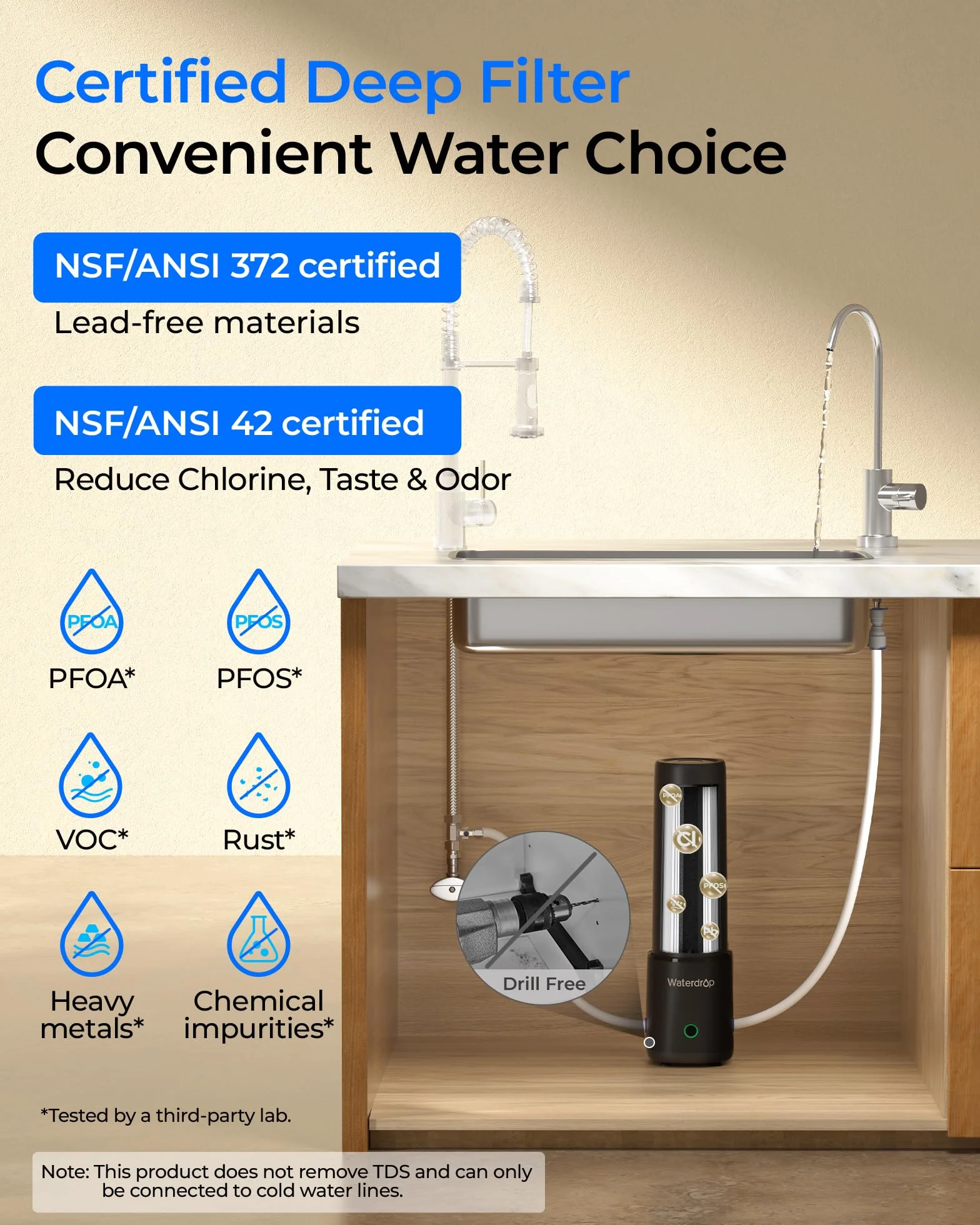 Waterdrop UL12B system filtrów do wody pod stół, z kranem, nie wymaga wiercenia, łatwa instalacja, redukuje PFA, ołów, chlor, nieprzyjemny smak i zapach, 11000 litrów