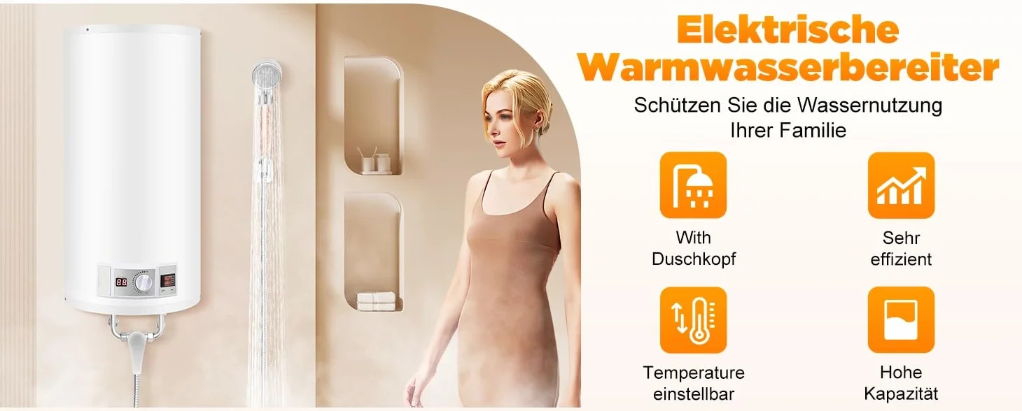 Elektryczny zbiornik ciepłej wody bojler 50 l | Moc grzewcza 2000 W, elektryczny podgrzewacz wody, wiszący bojler na wodę, zbiornik ciepłej wody 30-75°C, biały