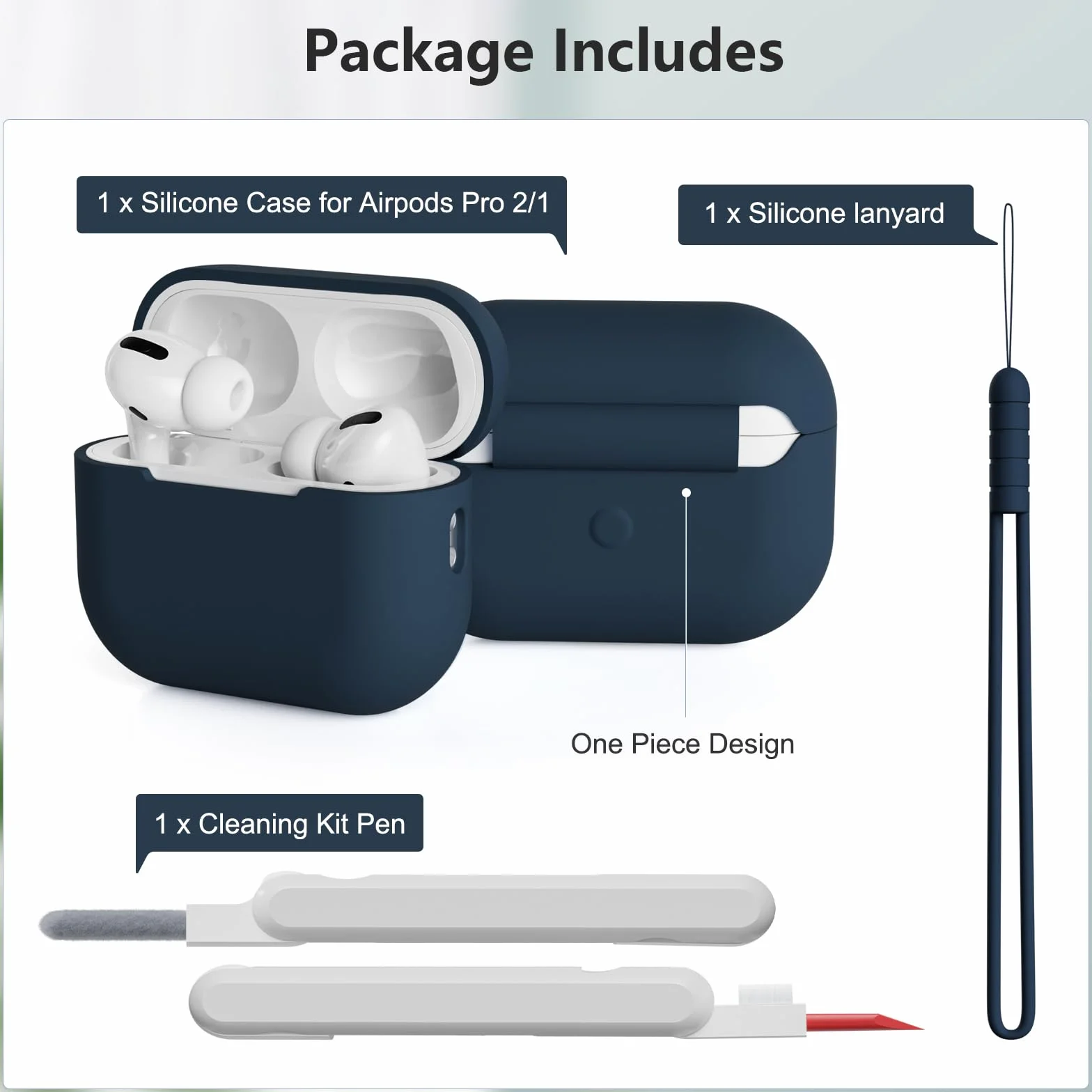 Silikonowe Etui Ochronne do AirPods Pro 2, Niebieski (Midnight), z Zestawem do Czyszczenia i Smyczą