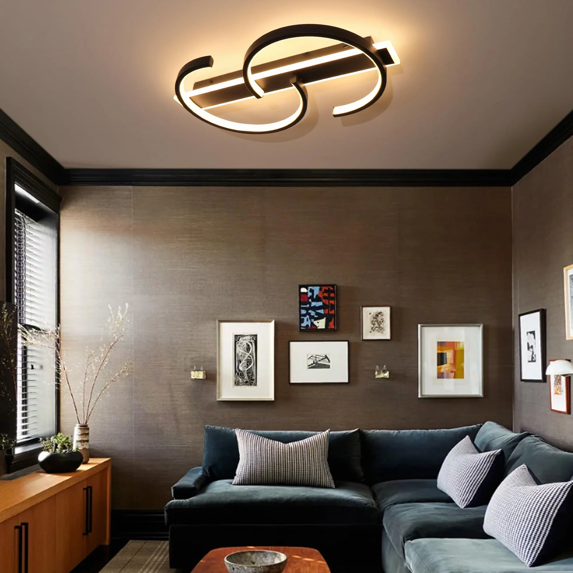 LUOLONG Lampa sufitowa LED ściemnialna czarna lampa do salonu 35 W z pilotem 2 pierścienie lampa sufitowa do sypialni gabinet nowoczesne oświetlenie sufitowe led-40 cm Schwarz