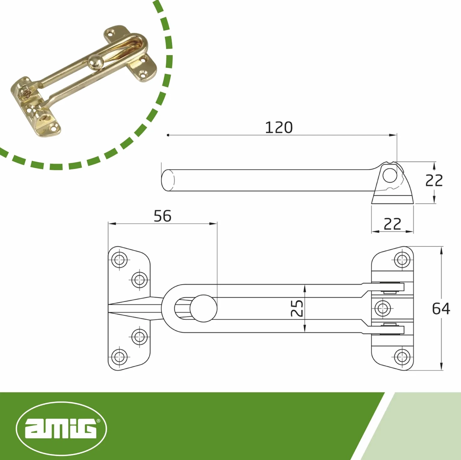 Amig - Łańcuch bezpieczeństwa do drzwi model 2 | długość drążka: 120 mm | uchwyt wrzutowy do drzwi wejściowych | solidne zamknięcie dzięki bocznemu drążkowi | Zamak mosiądz lakierowany