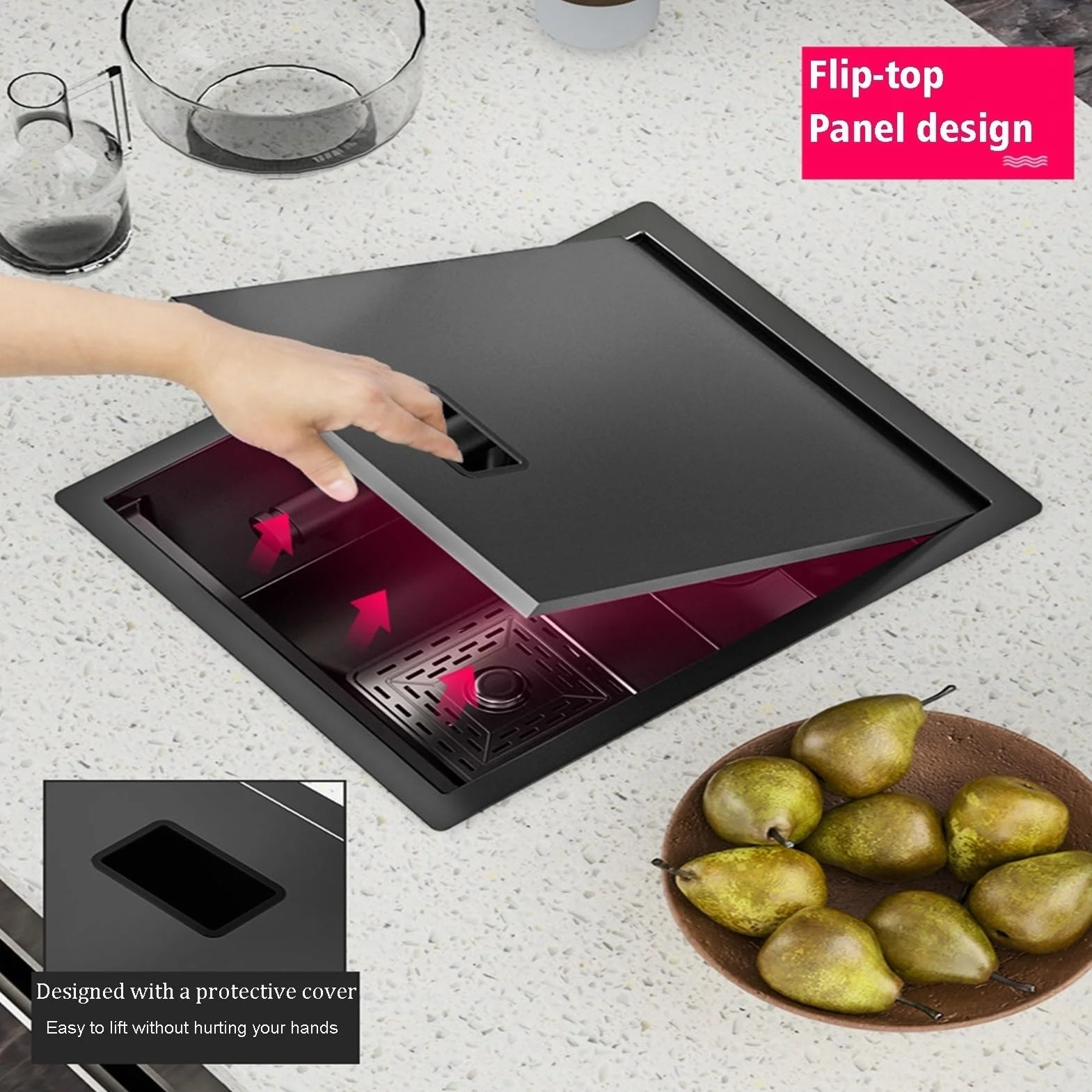 Oszczędność miejsca czarny zlew jednokomorowy ze stali nierdzewnej z pokrywą wielofunkcyjny kran do kampera i baru kuchennego niewidoczny wbudowany design kompaktowy syfon