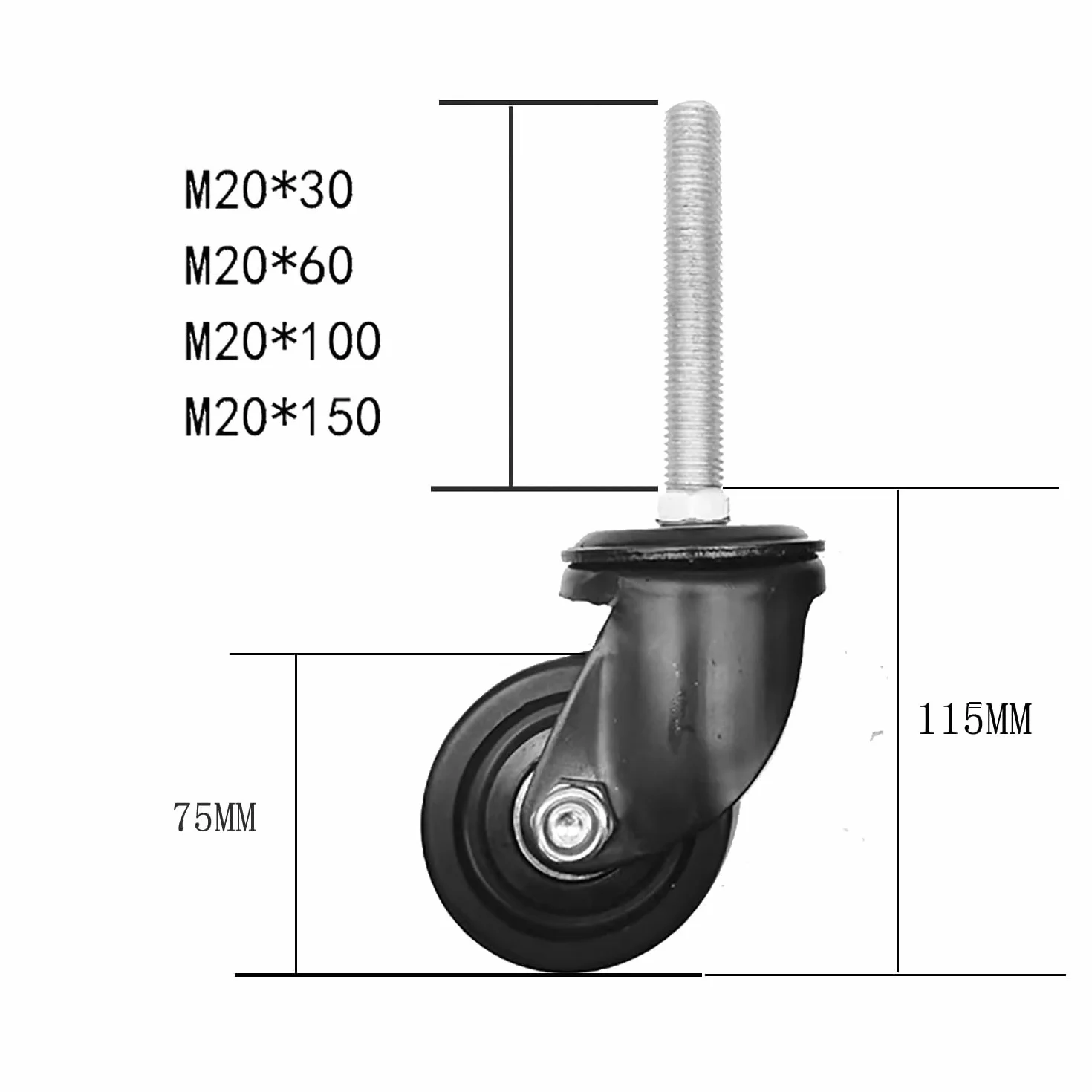 Koła do dużych obciążeń z gwintem M20, zestaw 4 sztuk, kółka obrotowe z hamulcem, nośność 1000 kg, do ciężkich mebli (Swivel, M20 x 60)