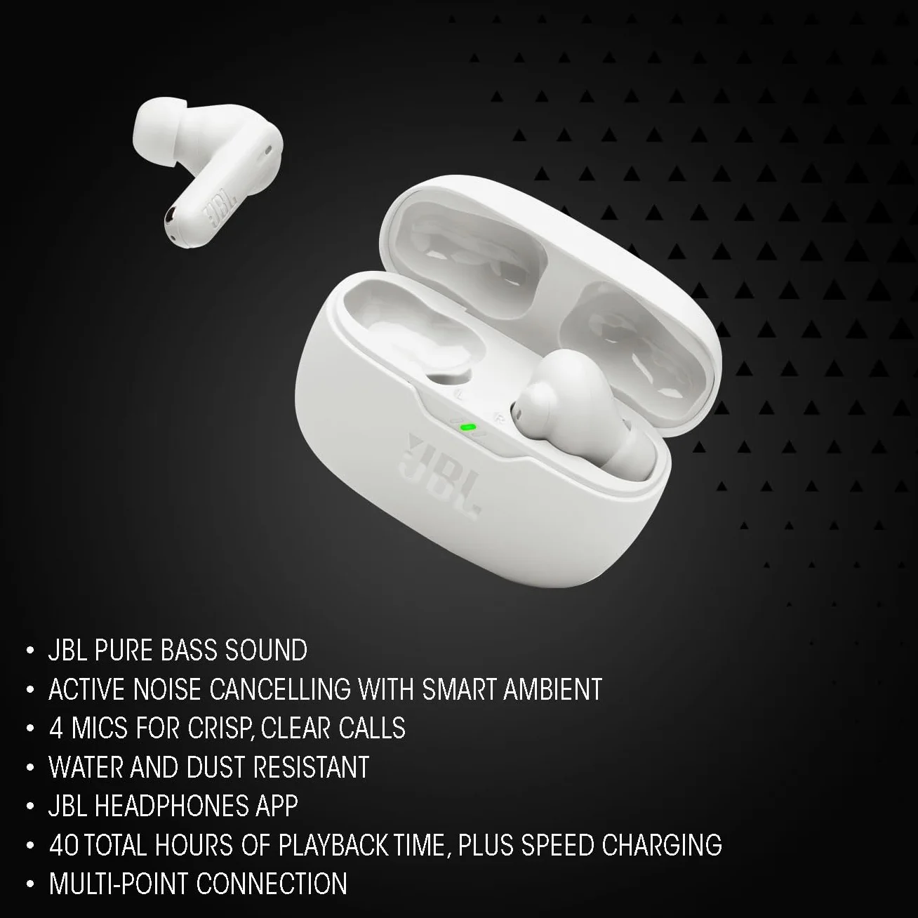 JBL Wave Beam 2 Bezprzewodowe Słuchawki Douszne Bluetooth Redukcja Szumów 40 H Odtwarzania Dźwięk JBL Pure Bass Smart Ambient Wielopunktowe Połączenie Czarne