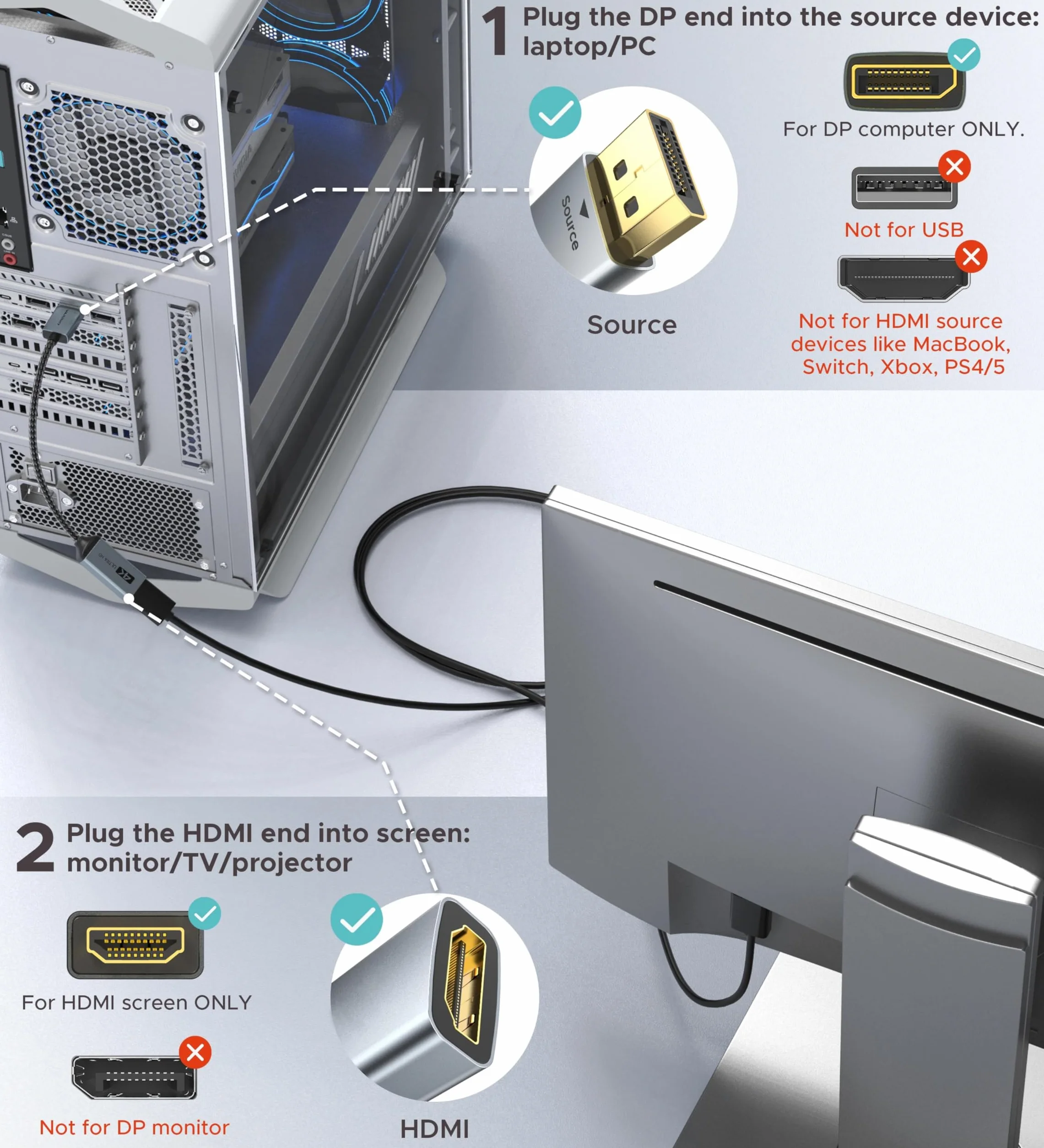 WARRKY Adapter 4K DisplayPort na HDMI, [pozłacany, pleciony, aluminiowa tuleja] Jednokierunkowy DP do monitora HDMI, do komputera stacjonarnego/laptopa/karty graficznej, Lenovo, HP, Dell i wielu