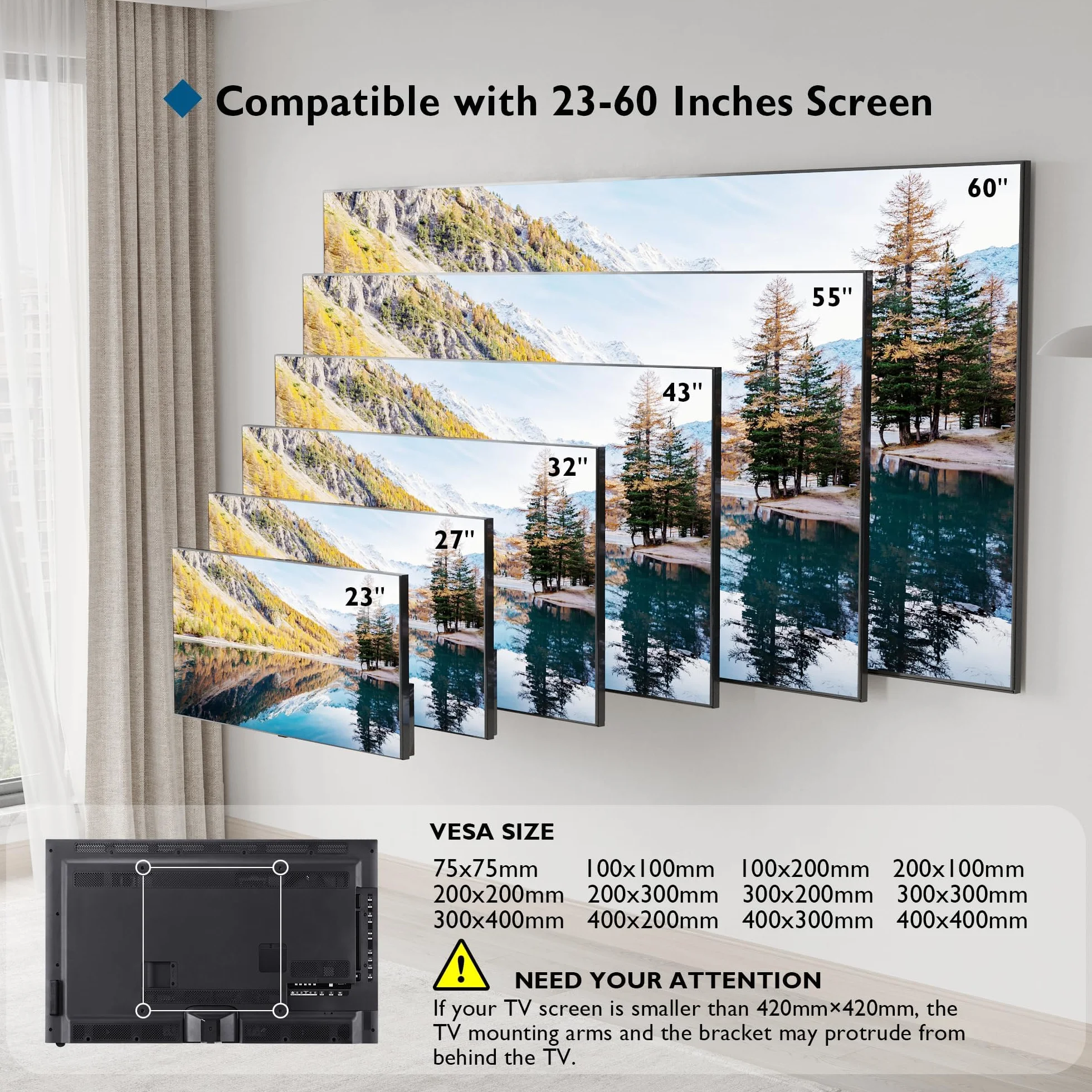 BONTEC Niskoprofilowy Uchwyt Ścienny do Telewizora 23-60 cali Ultra Cienki Uchwyt TV LED LCD OLED VESA Max 400x400mm Nośność do 45 kg z Blokadą Sprężynową i 5 Opaskami Kablowymi w Zestawie