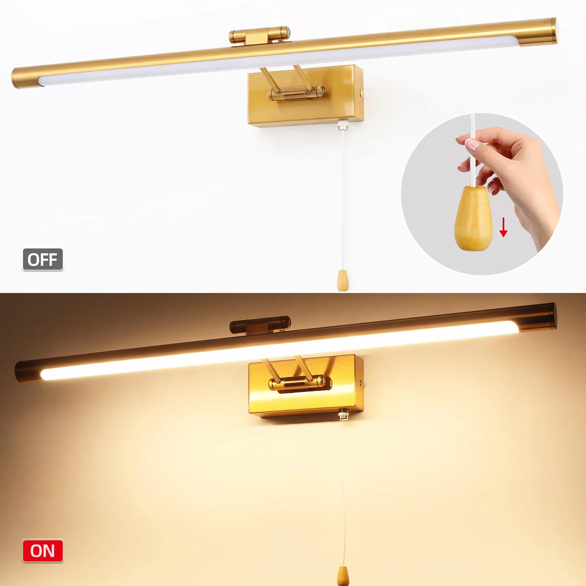 60cm Lampa LED do oświetlenia obrazu, 12W lustro łazienkowe, lampa ścienna z obrotową głowicą lampy do sypialni, 3000K hotelu restauracji stolik nocny, lampa do czytania 960lm mosiądz