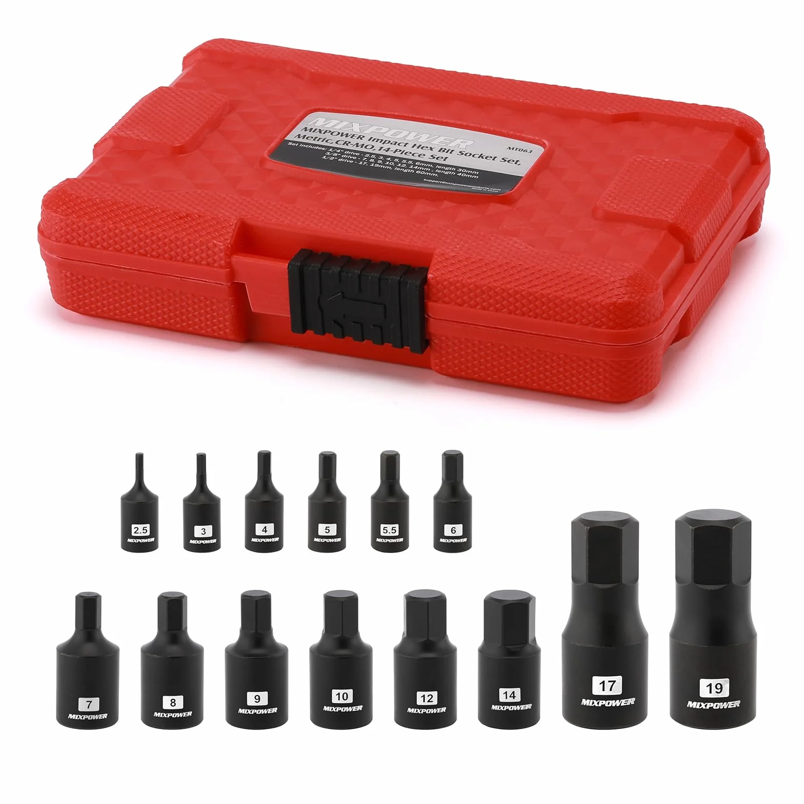 MIXPOWER 14-częściowy zestaw gniazd bitowych Dr. Bit Socket Set 2,5 mm do 19 mm, 1/4", 3/8" i 1/2" Napęd CrMo Impact Grade, metryczne, sześciokątne gniazdo