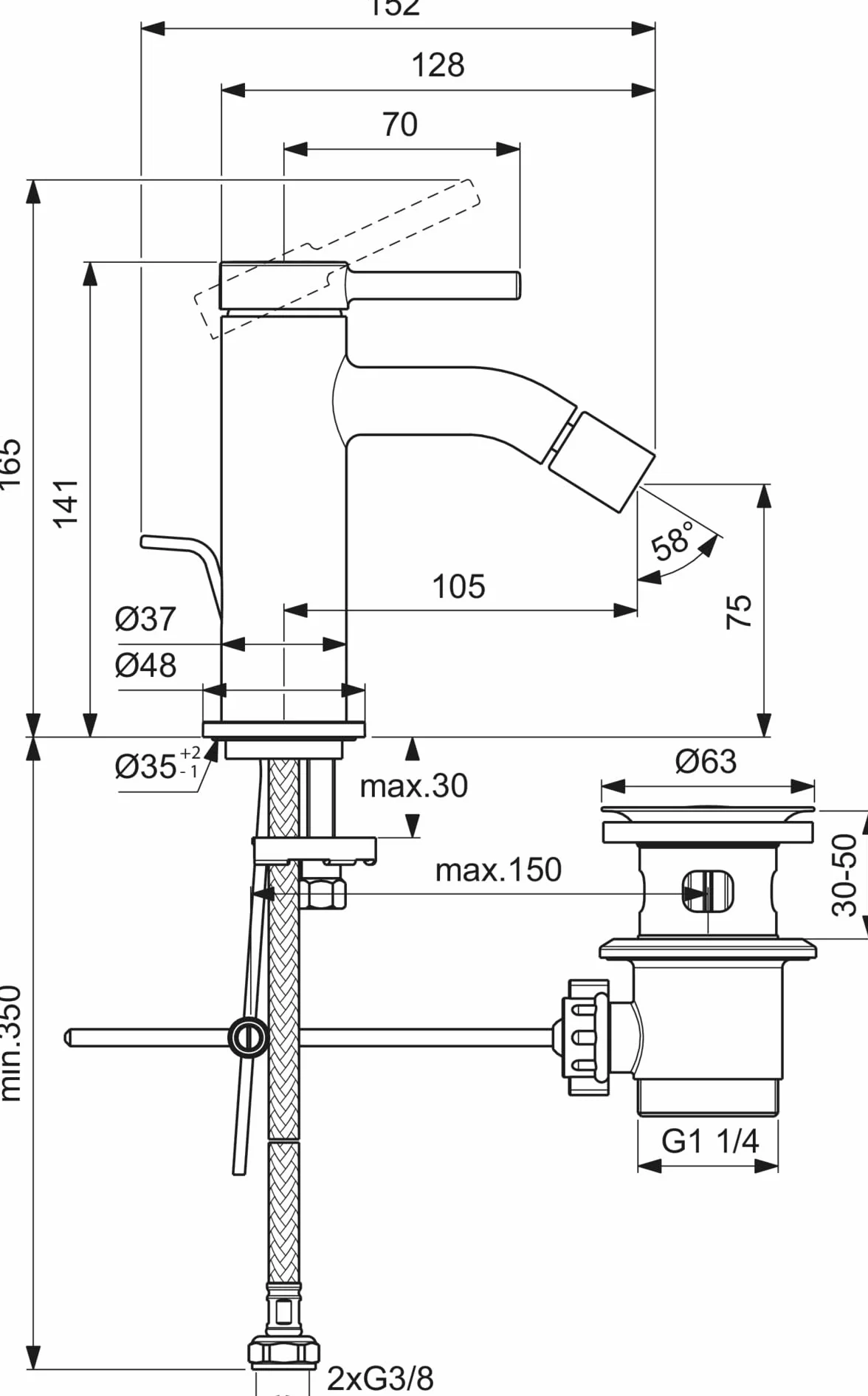 Ideal Standard Ceraline bateria jednouchwytowa bidet z wkładem FirmaFlow z drążkiem sterującym i końcówką Easyfix, chromowana