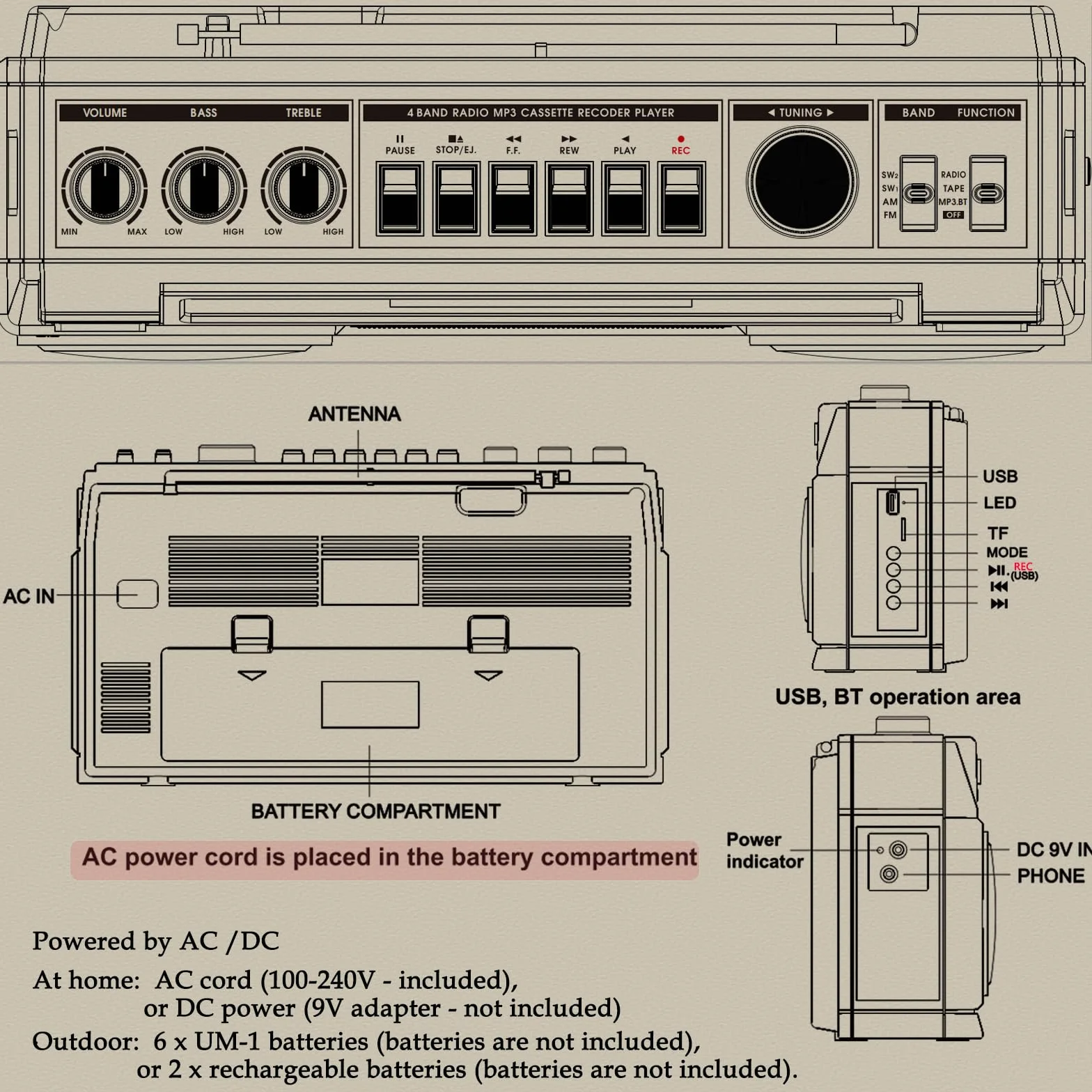 Retro Boombox Bluetooth 24 W z Odtwarzaczem Kasetowym Radio AM/FM/SW USB micro SD