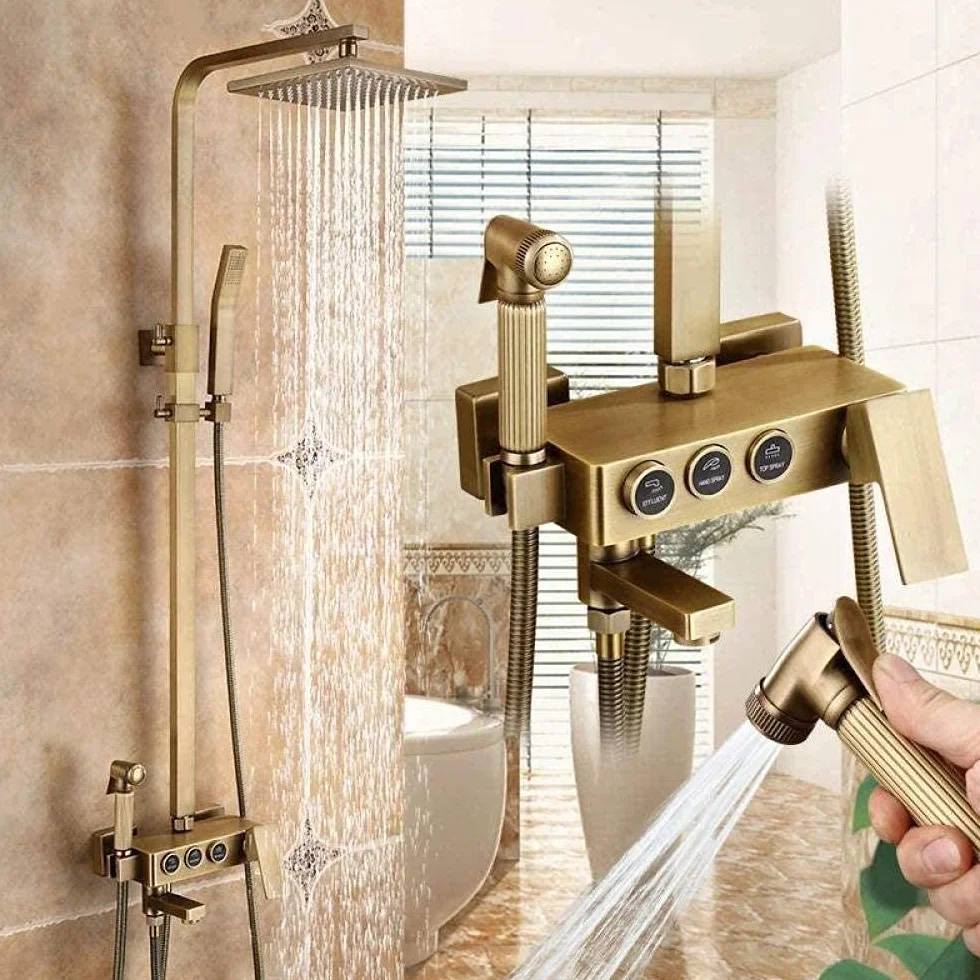 Zestaw prysznicowy Herzche Bathroom Retro Rainfall Shower System z szczotkowanego mosiądzu, bateria wannowa, ścienny termostatyczny zestaw prysznicowy z deszczownicą, dekor,