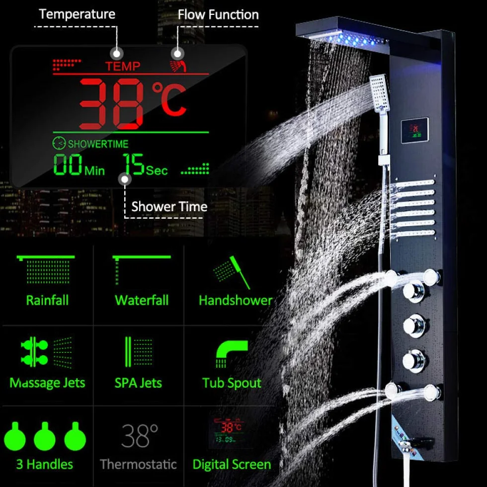 Czarny hydroelektryczność LED deszcz wodospad prysznic panel masaż spa dysze LCD cyfrowy wyświetlacz system prysznicowy kolumna prysznicowa