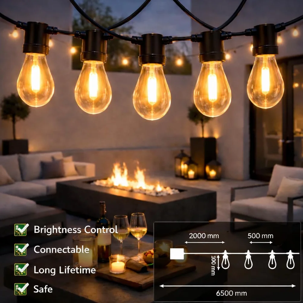 M mimotec - Zewnętrzny łańcuch solarny LED 6,5 m, ciepłe światło 2700 K, 10 żarówek, IP54 wodoodporny, dekoracja ogrodu, patio, fasada, taras