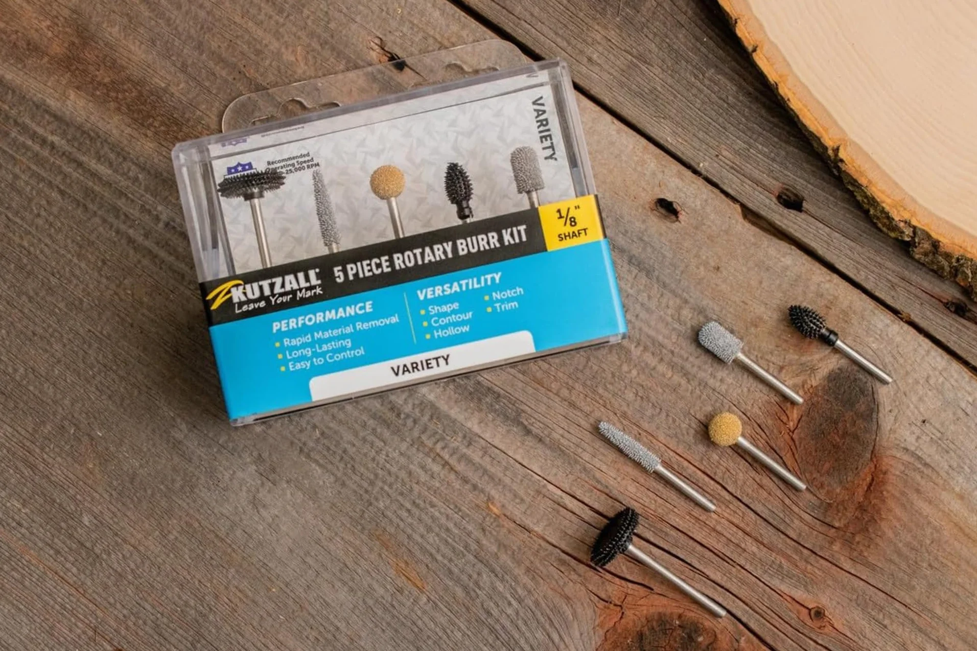 Kutzall 5-Piece Rotary Burr Kit - 1⁄8" Shaft, Variety Grit - Woodworking Attachment for Dremel, Foredom, Ryobi, DeWalt, Milwaukee Tools - Structured Tungsten Carbide