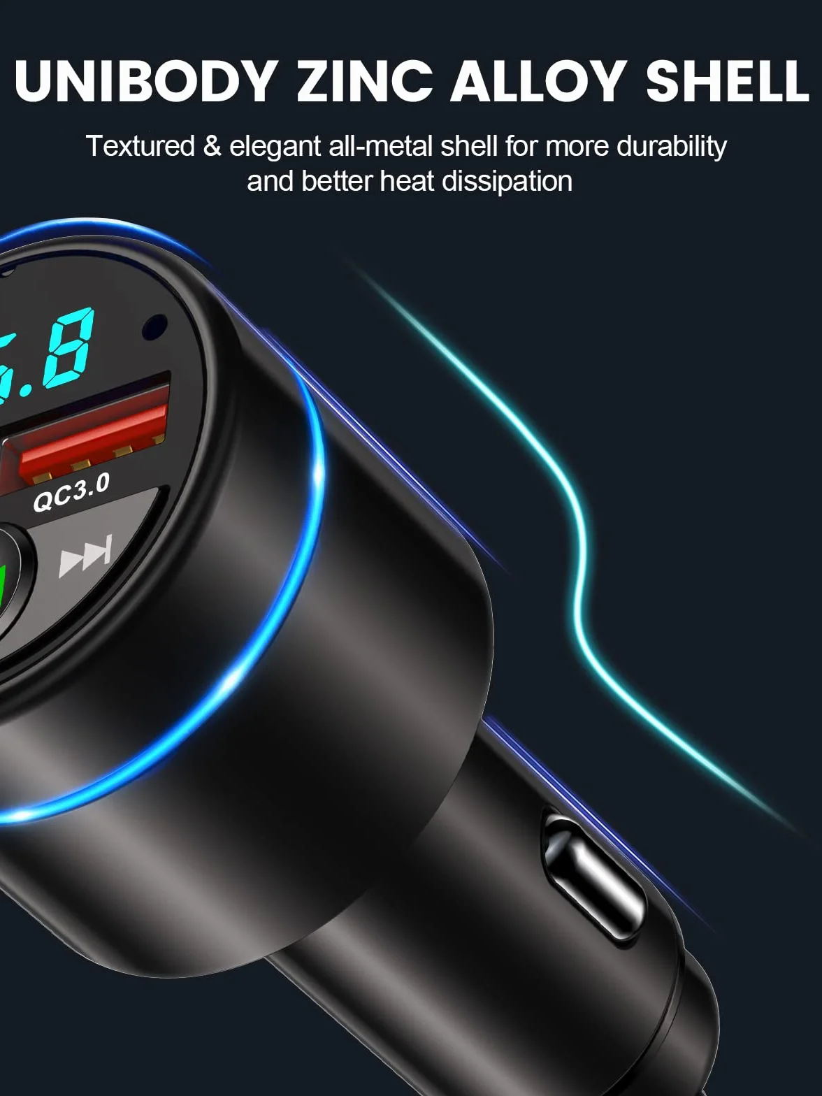 Mohard Nadajnik FM Bluetooth 5.3, całkowicie metalowy samochód Bluetooth, szybka ładowarka samochodowa PD 30 W typ C+ QC3.0, z redukcją szumów podczas rozmów w trybie głośnomówiącym, muzyka Hi-FI,