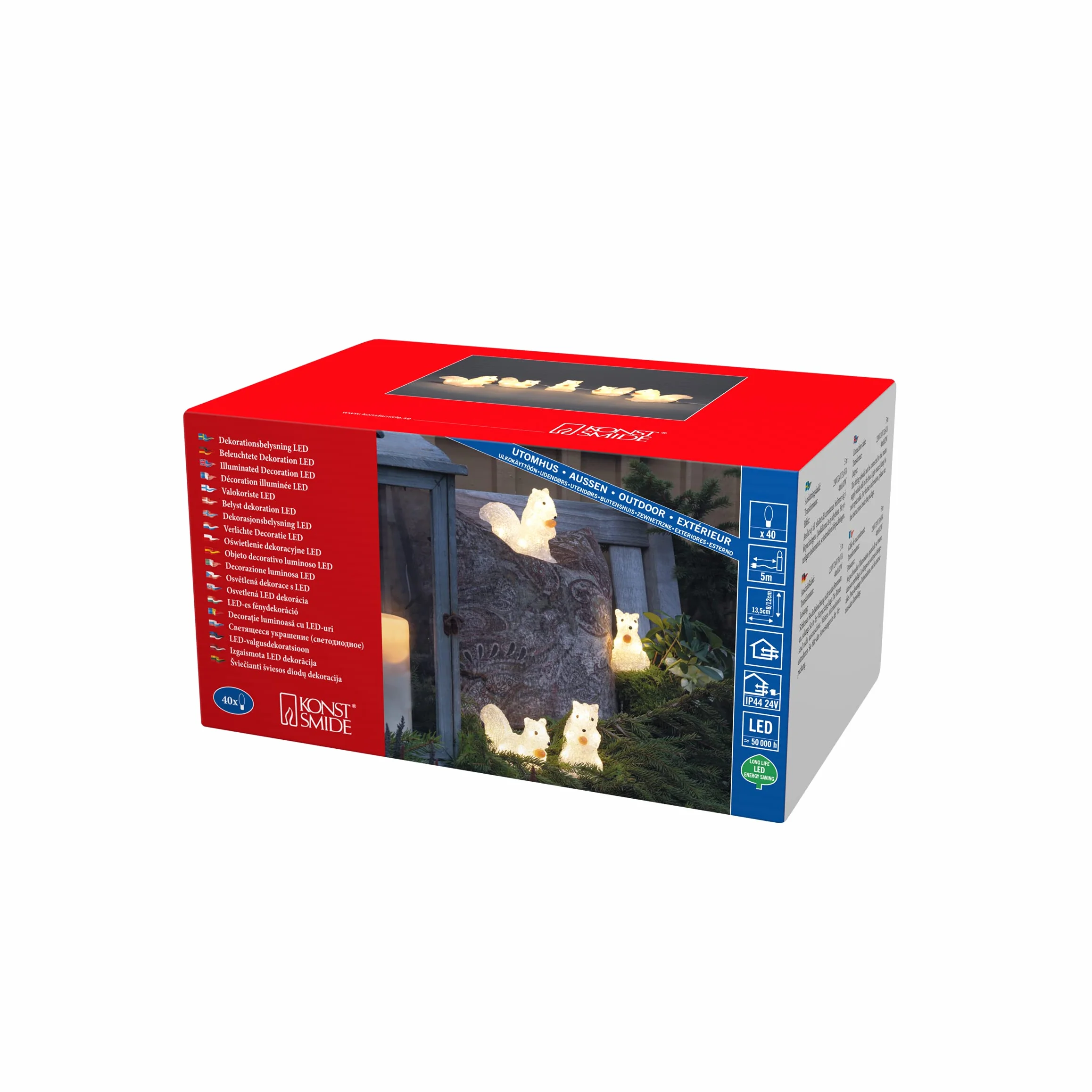 Konstsmide 6287-103 wiewiórka akrylowa LED, zestaw 5 sztuk, przezroczyste, 24 V, zewnętrzne (IP44), 40 diod w kolorze ciepłej bieli, biały kabel