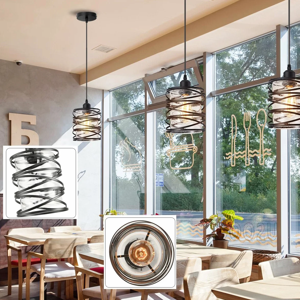 Zestaw 2 przemysłowych żyrandoli wiszących w stylu retro, vintage, metalowa lampa sufitowa E27 ze szklanym abażurem do sypialni, restauracji, salonu (2-klosz z przezroczystego szkła - A)