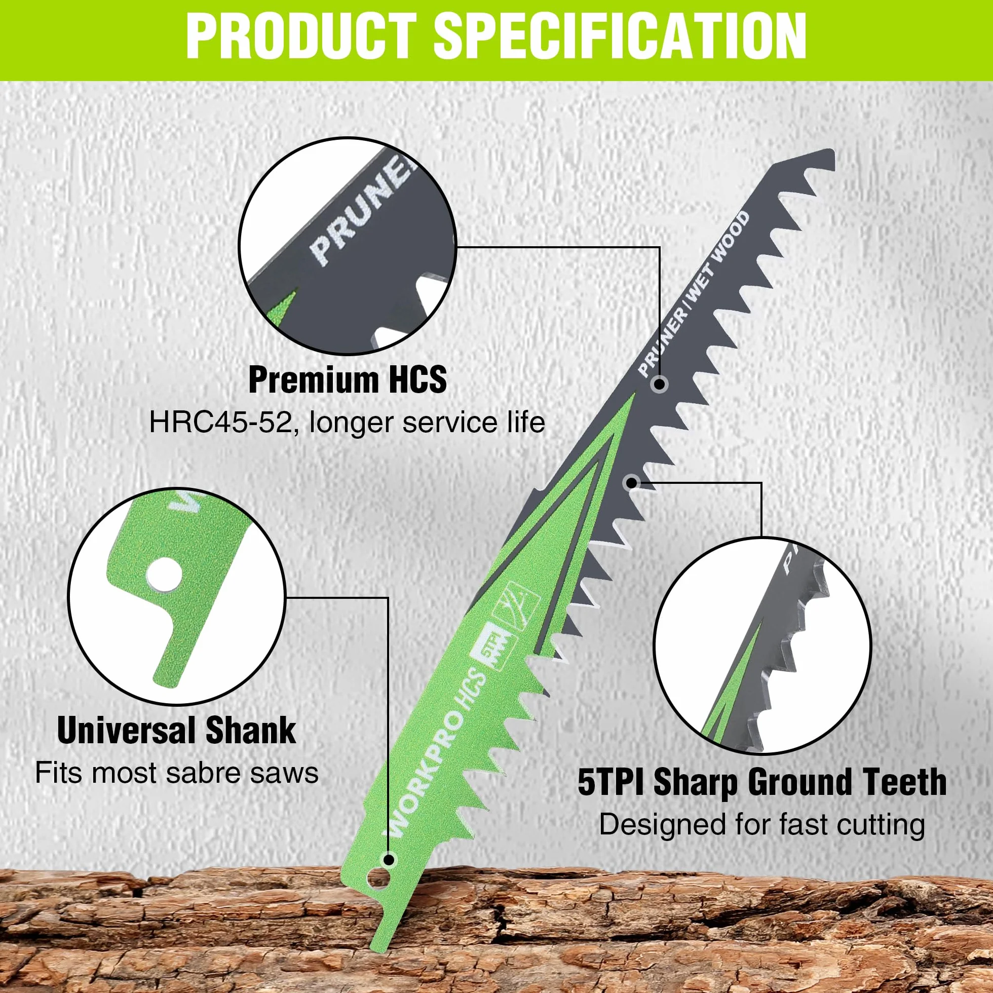 WORKPRO Zestaw brzeszczotów do piły szablastej 5-częściowy, brzeszczot 152 mm 5TPI wykonany z HCS, do cięcia gałęzi, drewna, plastiku, kompatybilny ze standardowymi piłami szablastymi