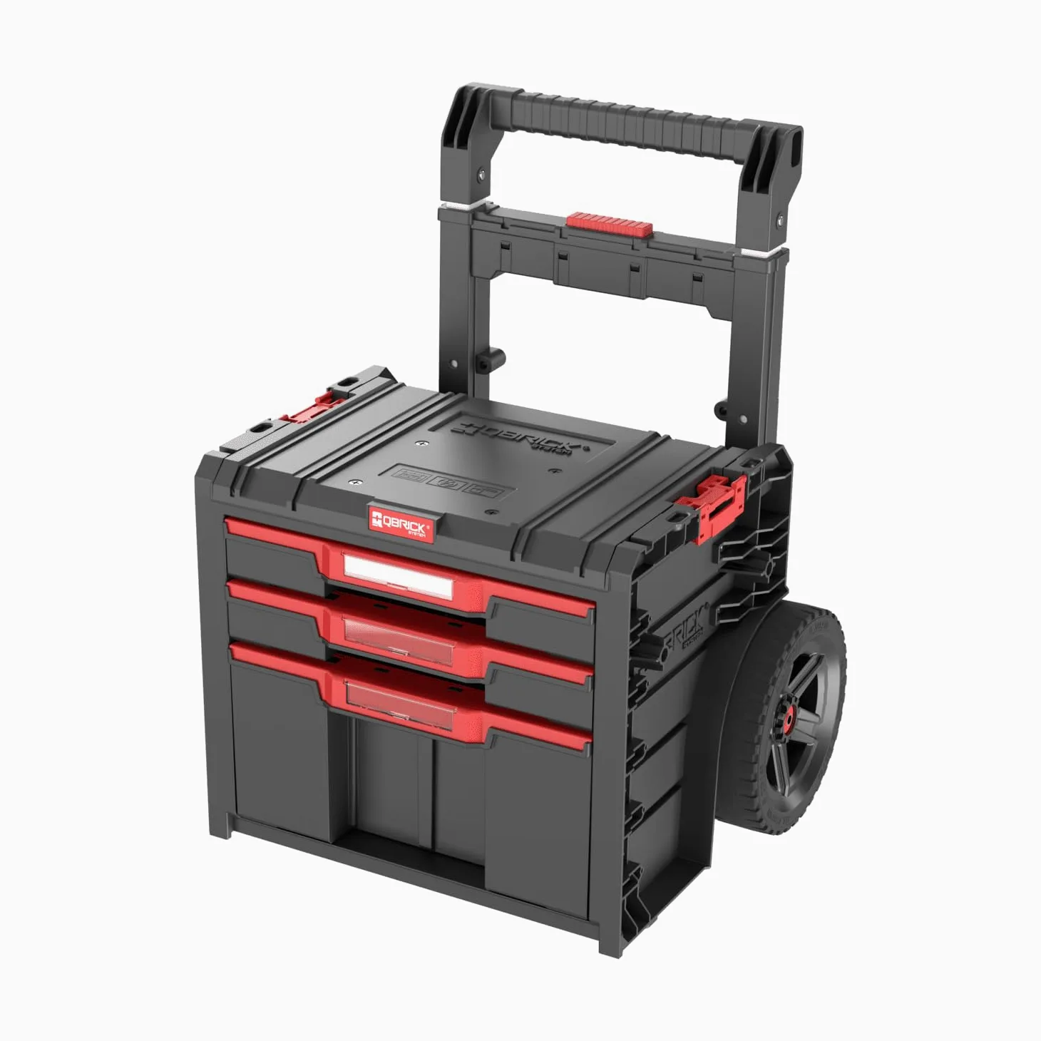 Mobilny wózek narzędziowy z 3 szufladami – skrzynka narzędziowa Qbrick posiada 2 małe (4,5 l) i 1 dużą szufladę (12 l) z metalową prowadnicą szynową i automatyczną blokadą.