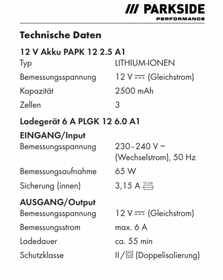 Parkside Performance Set – składający się z akumulatora 12 V 2,5 Ah PAPK 12 2,5 A1 i ładowarki PLGK 12 6.0 A1 - Parkside X12V Team