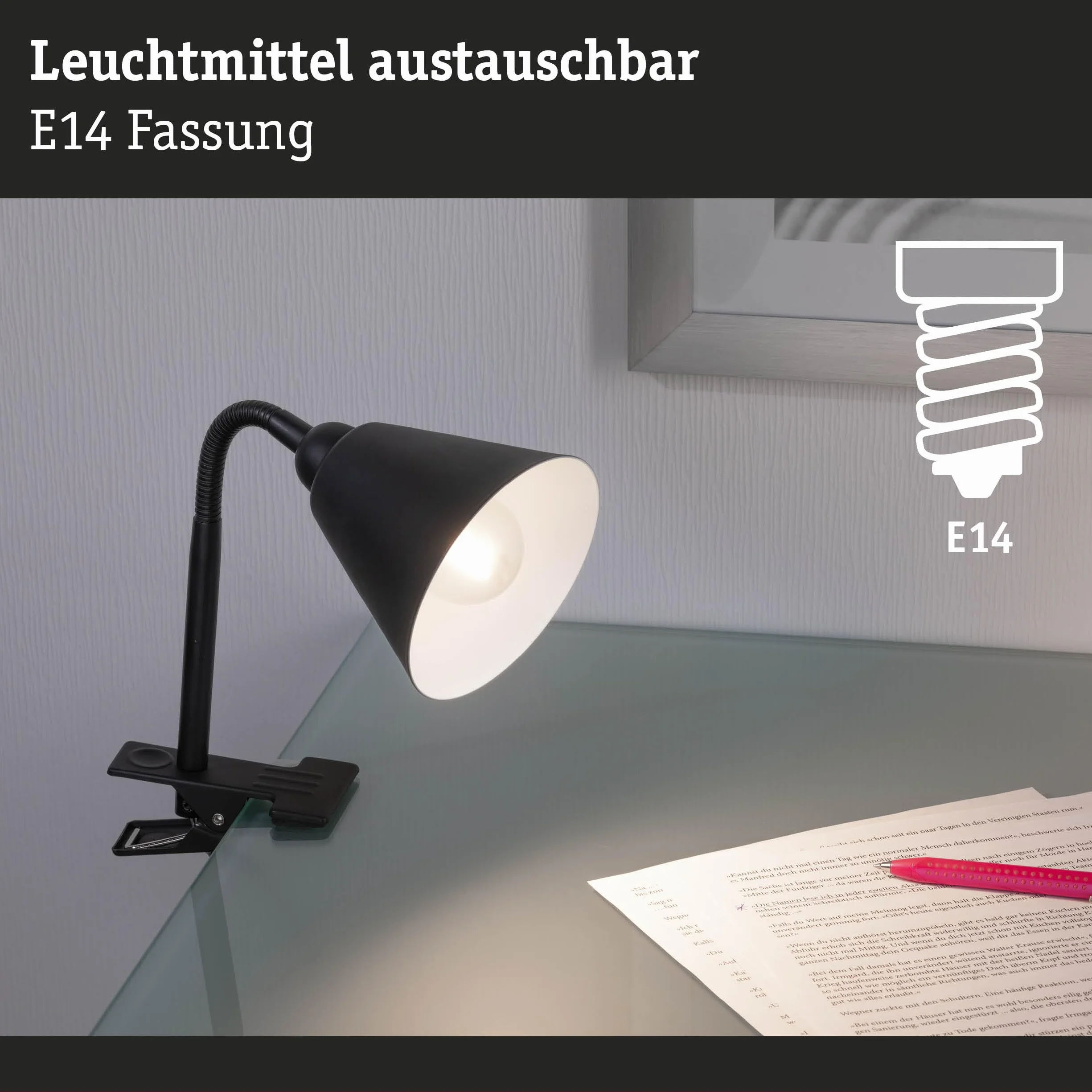 Paulmann 95430 oprawa zaciskowa Vitis z ramieniem elastycznym maks. 20 W lampa wyłącznik przelotowy czarna metalowa tw. sztuczne E14