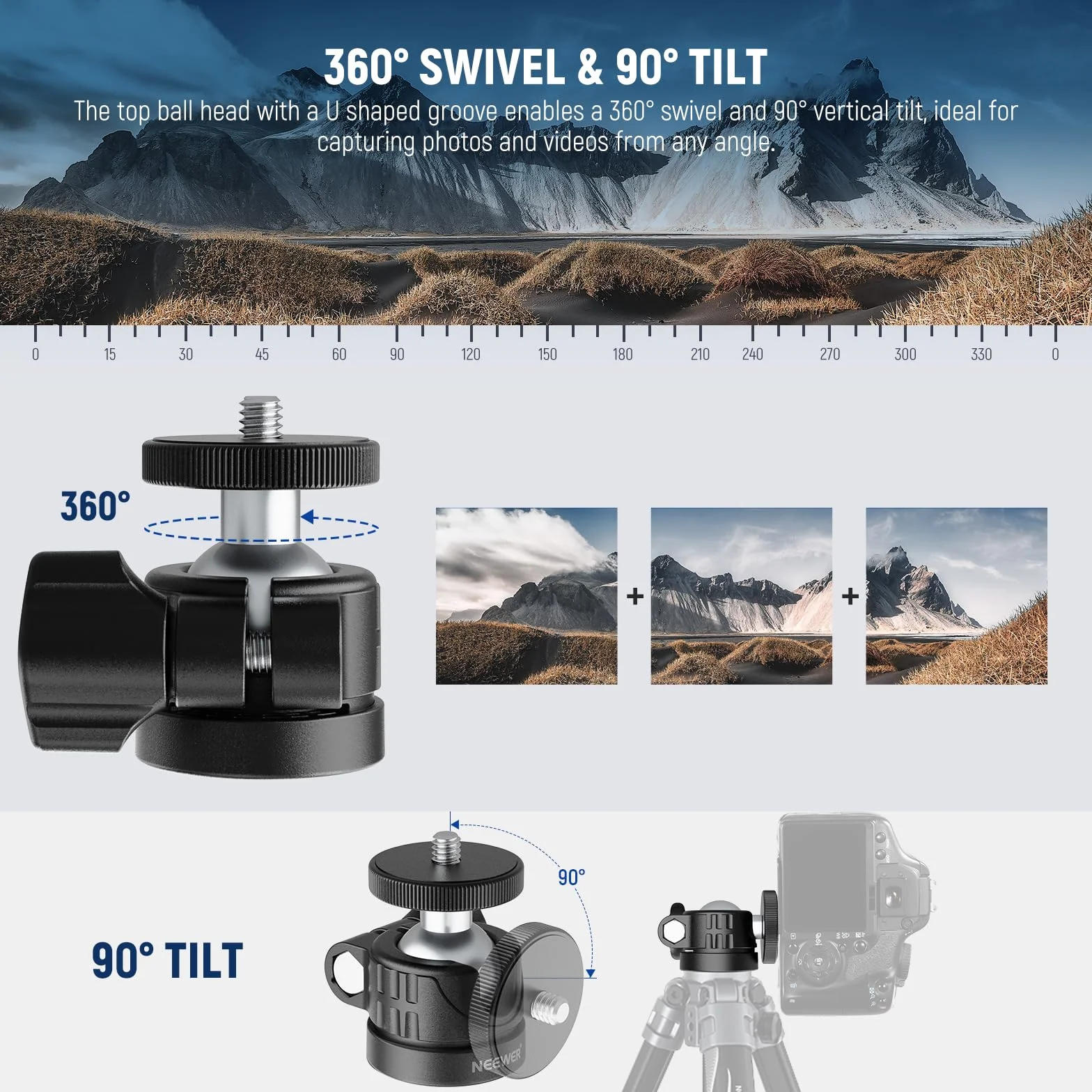 NEEWER BASIC Mini głowica kulki, przenośny adapter do kamery do montażu na głowicy statywu 1/4" do DSLR Action Cam Telefon LED Światło pierścieniowe suwak monopod, 4,4 funta maksymalne obciążenie, 360