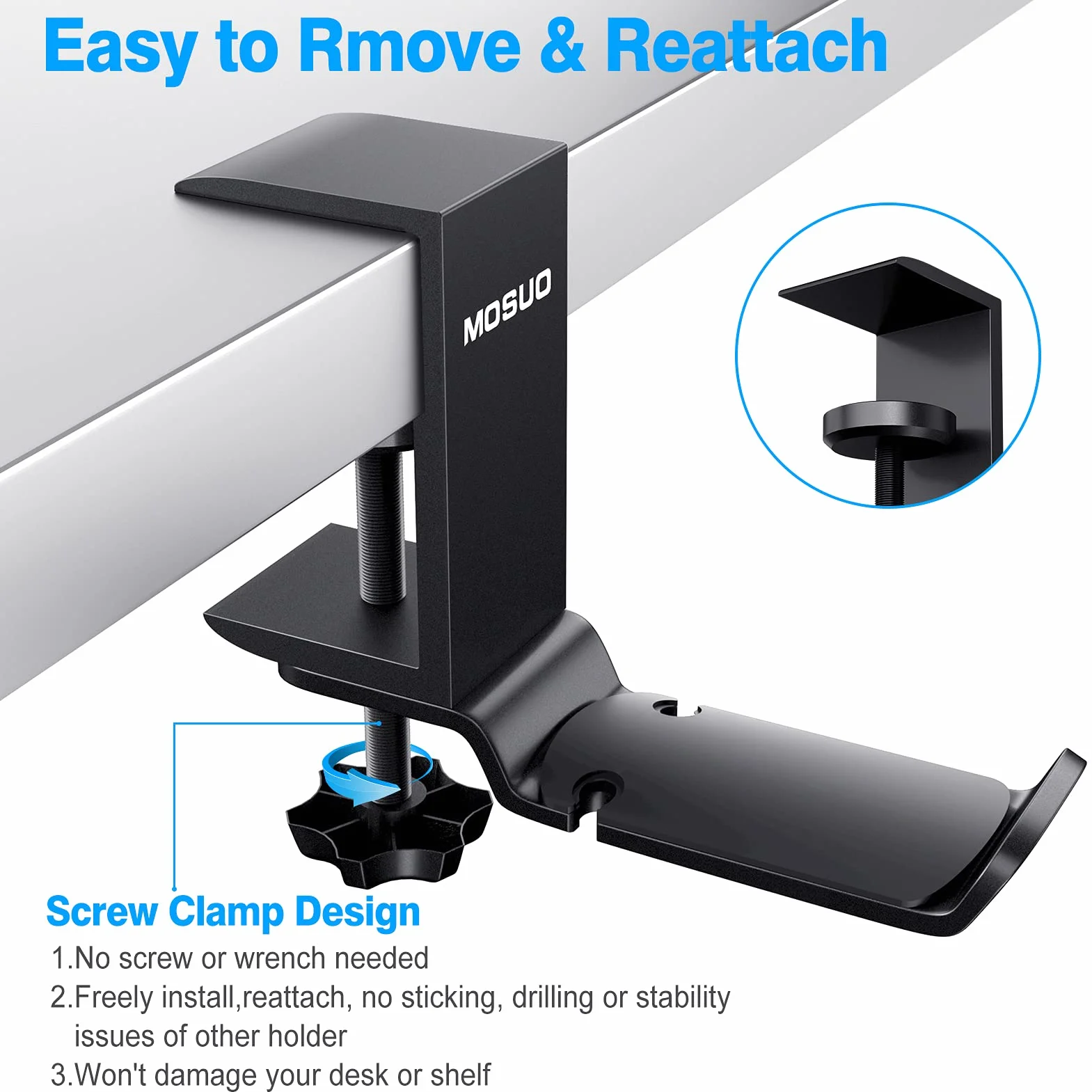 MOSUO Regulowany uchwyt na słuchawki, uchwyt na biurko, zestaw słuchawkowy obracany o 360 stopni, aluminiowy uchwyt na słuchawki, stojak na słuchawki Bluetooth, stojak na słuchawki gamingowe, czarny