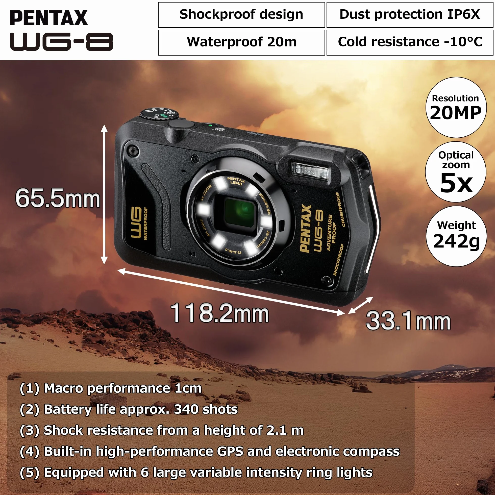 Pentax WG-8 Czarny Aparat Przygodowy Wodoodporny