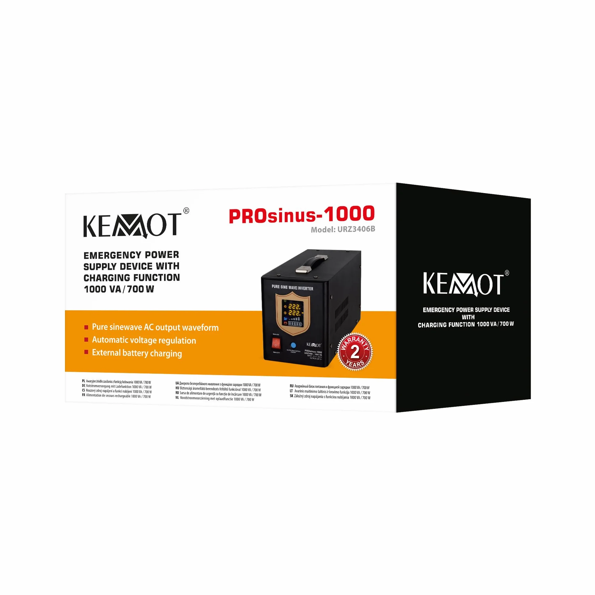 Kemot PROsinus-1000 Przetwornica Sinus 12V 230V 1000VA/700W Awaryjne Źródło Zasilania Czarny