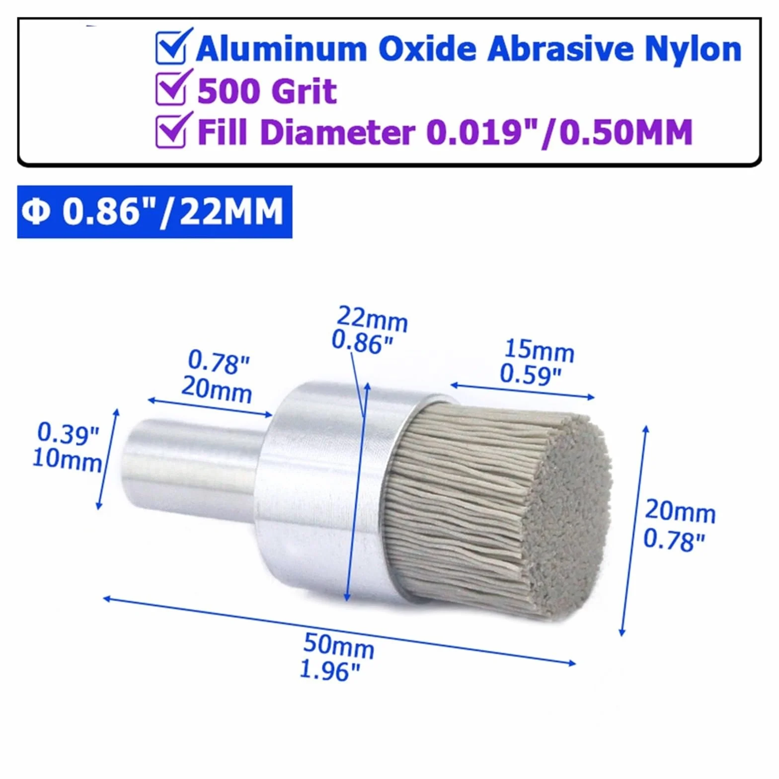 Nasadki szczotkowe do wiertarek, Zestaw szczotek końcowych metalowego koła garnkowego Wiertło Tlenek glinu Nylon ścierny 4-28 mm, ziarno 240-500(Grit500 Diameter22mm)