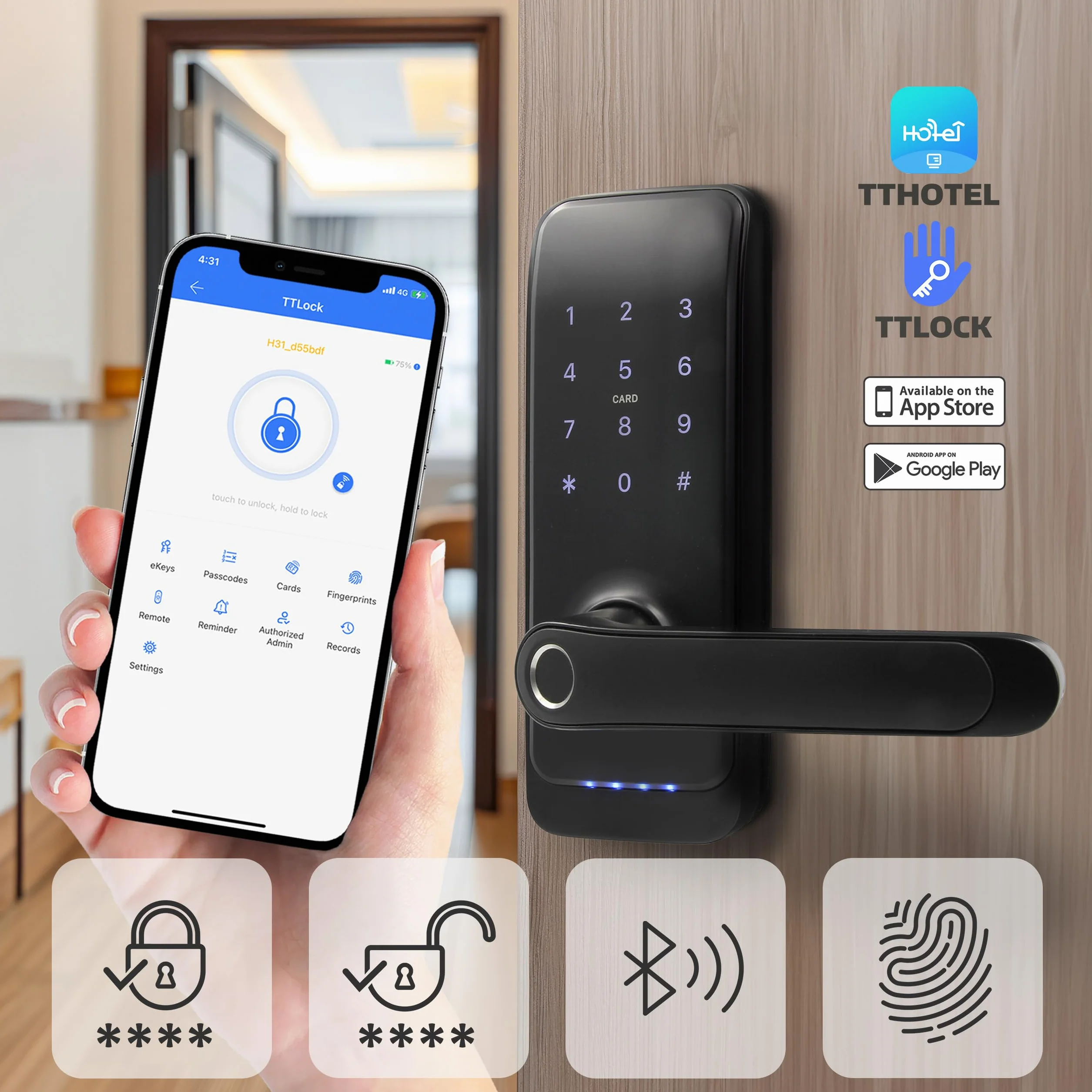 EURA ELH-01H4 inteligentny zamek do drzwi z uchwytem, zamek kodowy, czytnik zbliżeniowy 13,56 MHz, czytnik biometryczny, aplikacja TTLock/TTHotel, IP65, uniwersalny odstęp rygli, czarny