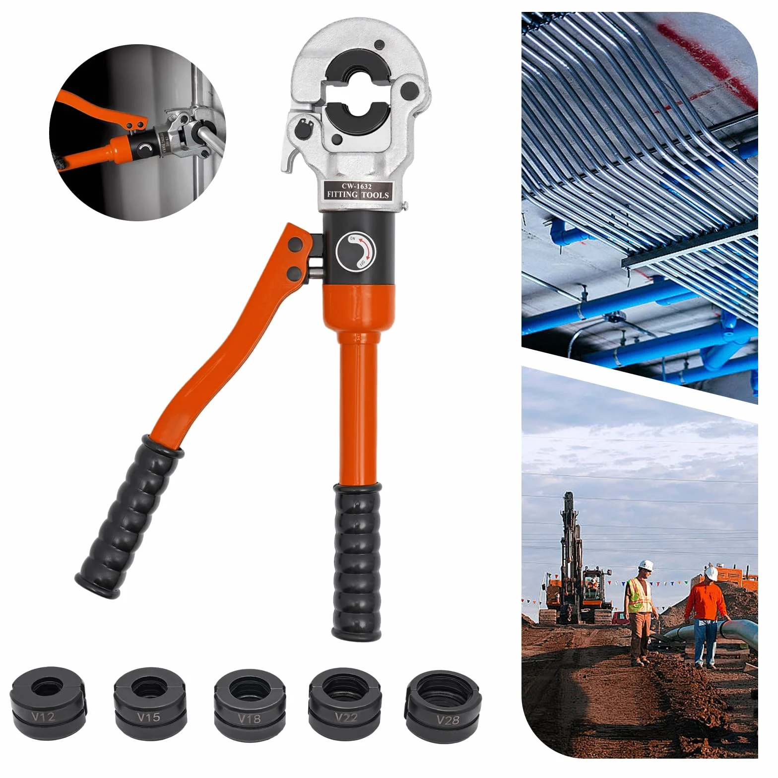 Hydrauliczne szczypce zaciskowe 8 tonów, prasa hydrauliczna, zestaw 5 szczypiec do rur miedzianych, do ogrzewania sanitarnego, warsztatu samochodowego 8T, głowica obrotowa 360°, w zestawie walizka do