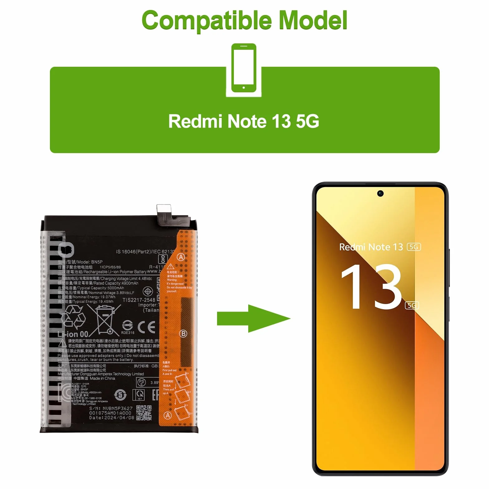 Bateria zamienna BN5P kompatybilna z Xiaomi Redmi Note 13 5G