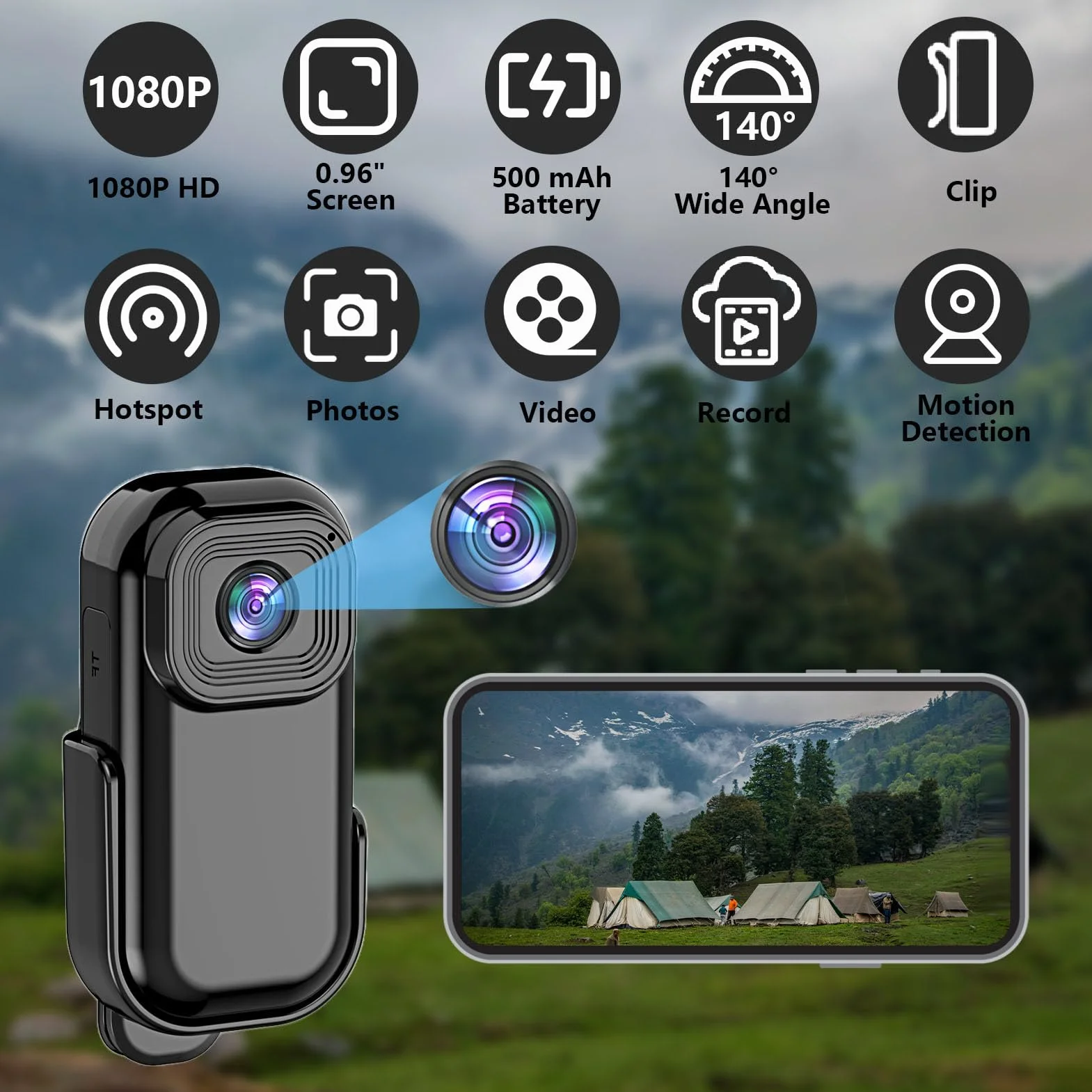 Mini kamera na ciało 1080P, odporna na wstrząsy sportowa wbudowana WiFi, bateria 500 mAh i gwint 1/4